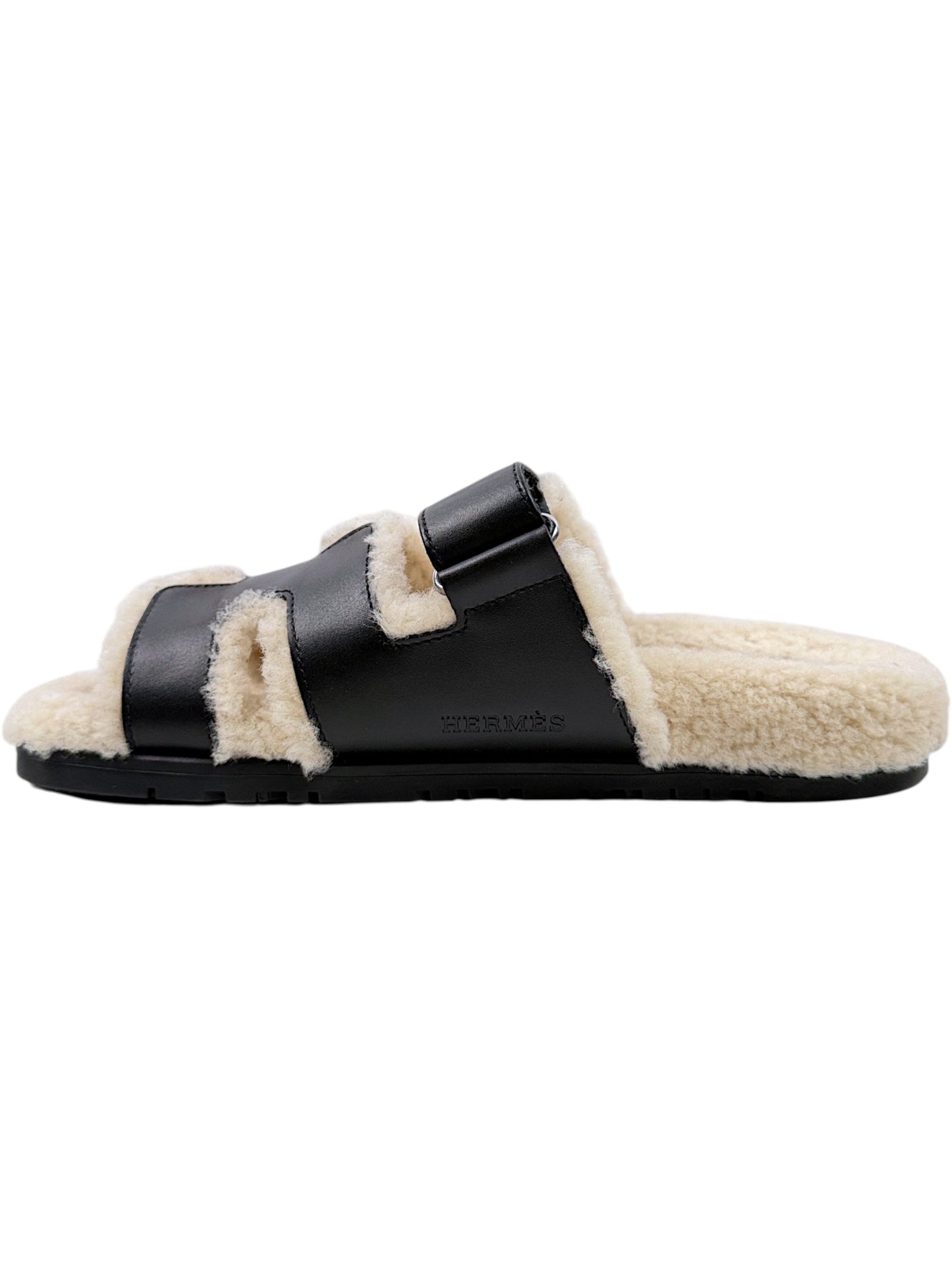 Hermès Chypre Sandals Black Leather Shearling Trim Mens Slides