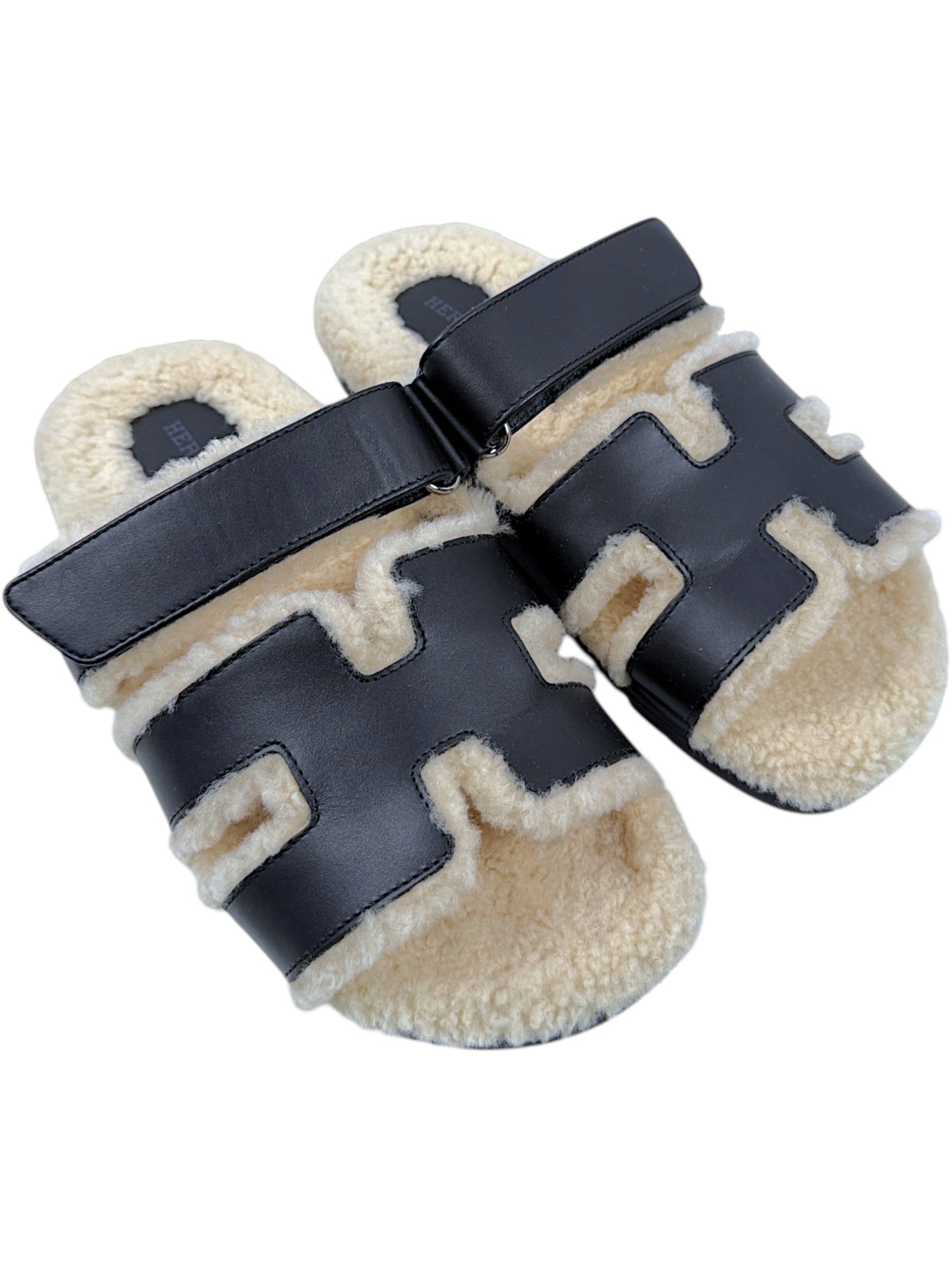 Hermès Chypre Womens Slides Black Leather Shearling
