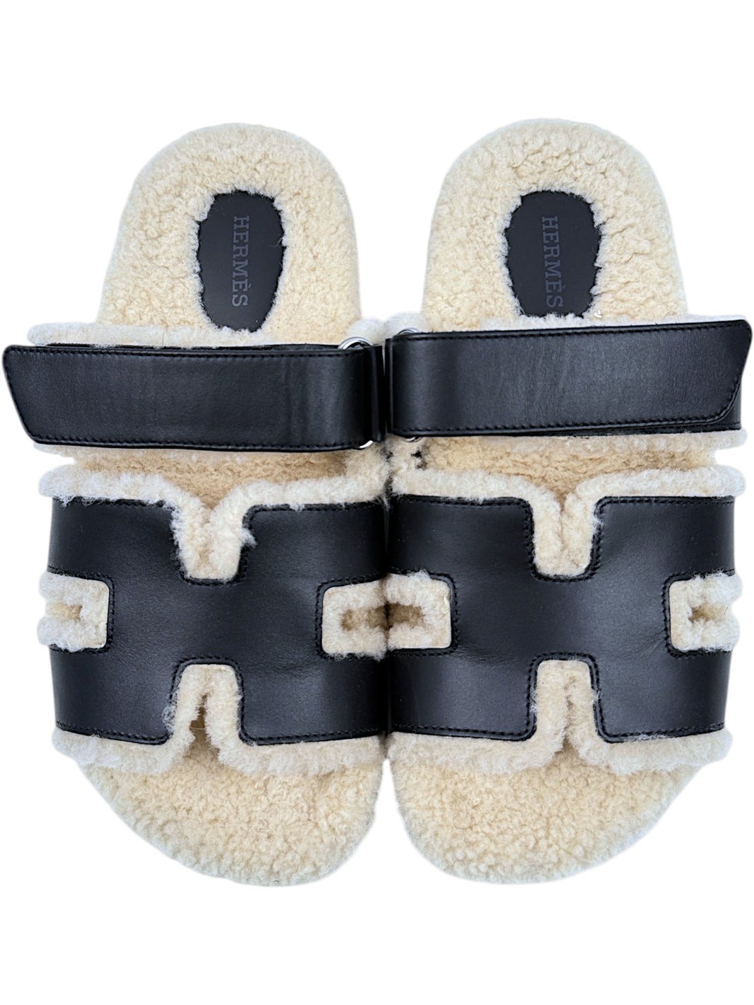 Black Leather Hermès Chypre Sandals Natural Shearling H Cutout