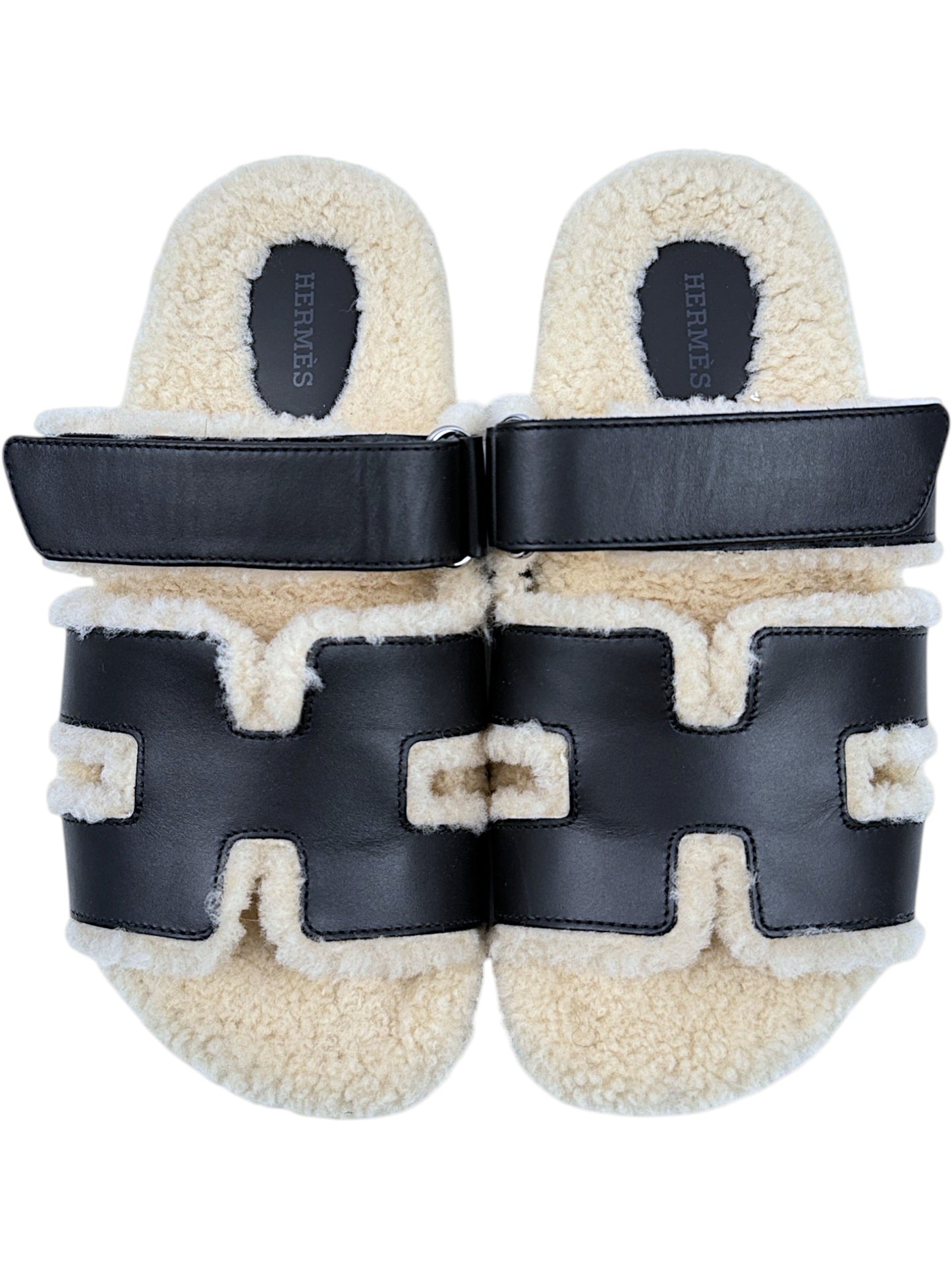 Black Leather Hermès Chypre Sandals Natural Shearling H Cutout