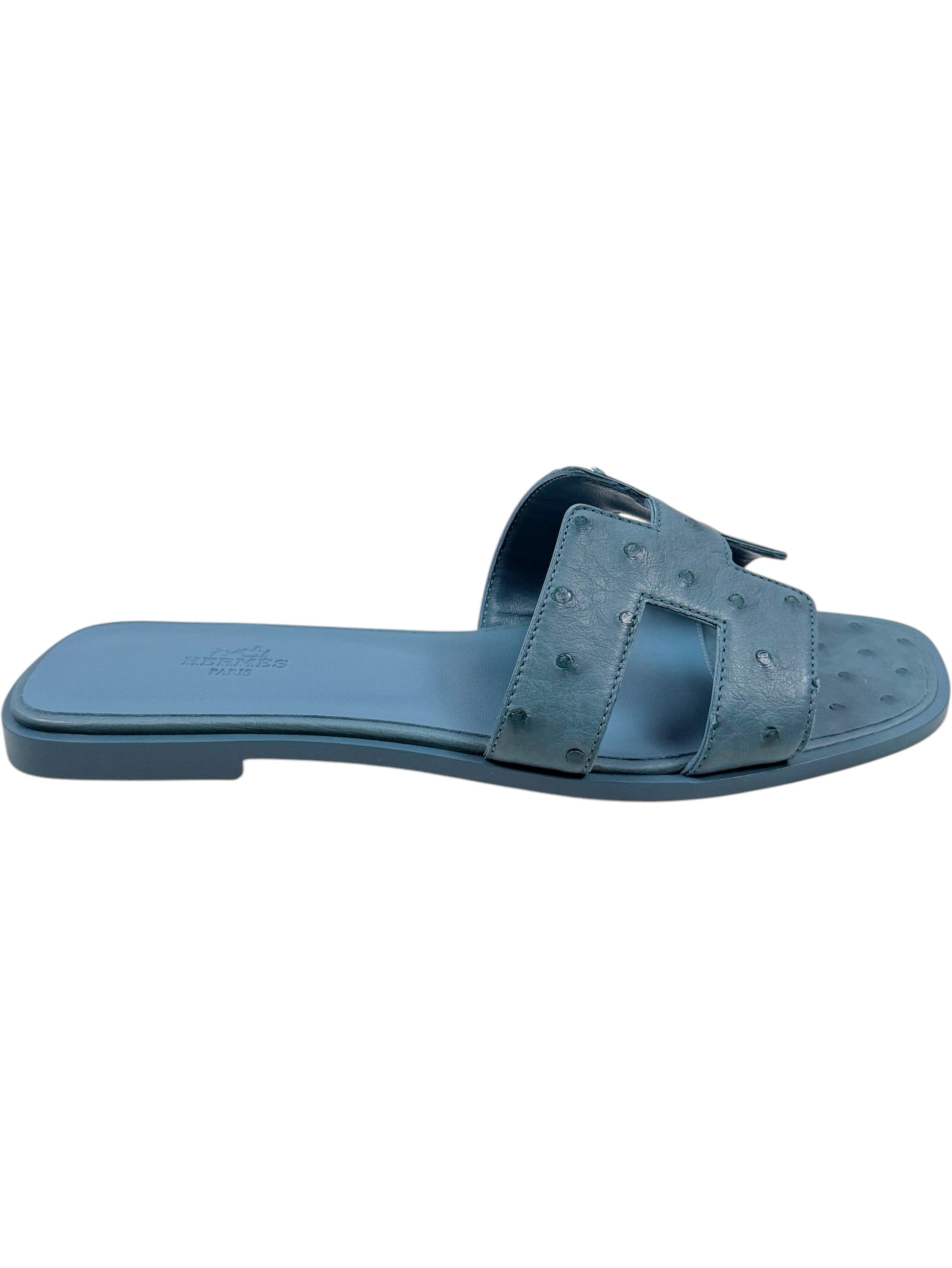 Hermès Oran Ostrich Sandal Blue Exotic Leather H Cutout Strap
