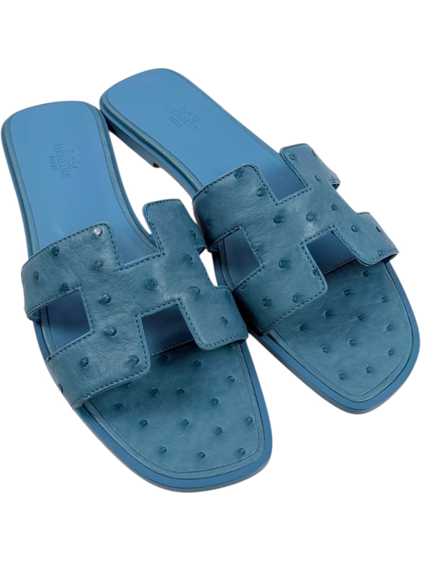 Blue Ostrich Hermès Oran Slides Square Open Toe