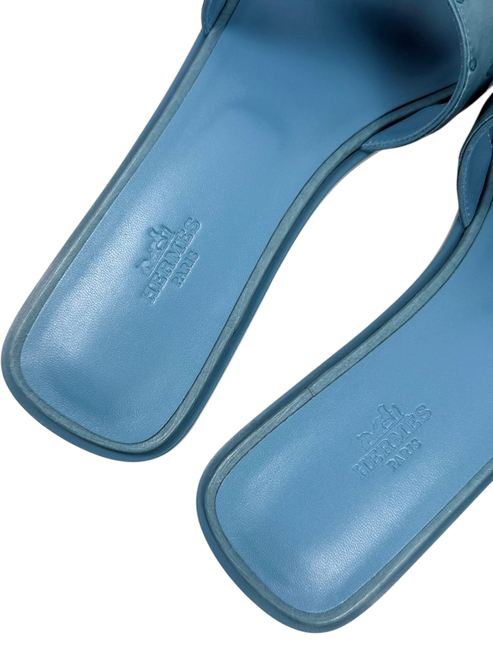 Hermès Paris Embossed Leather Insole Blue Oran Sandal