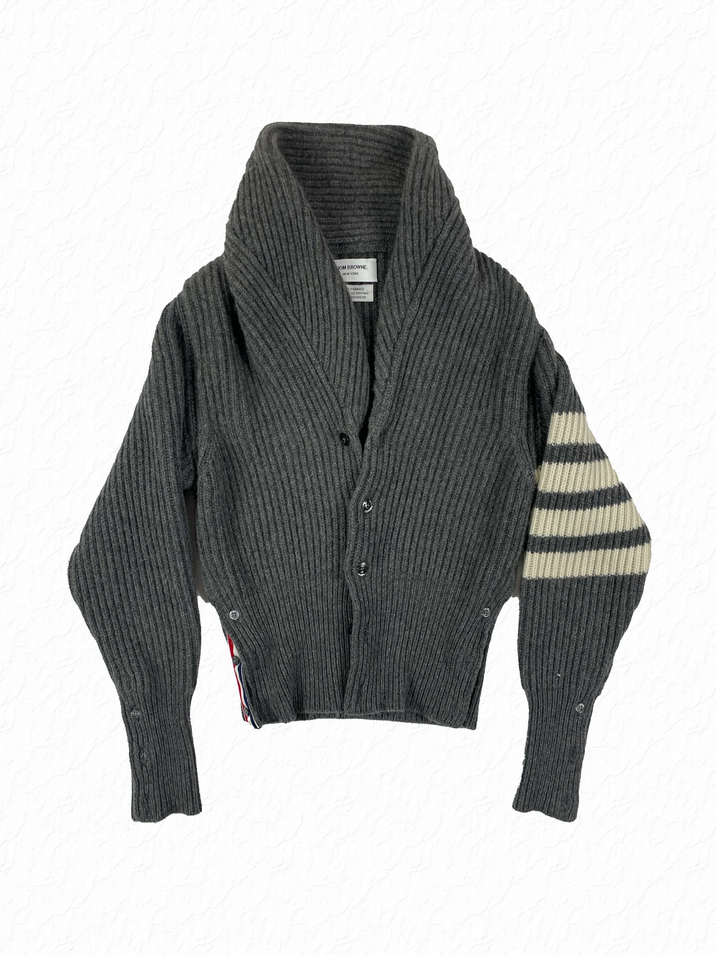 Thom Browne shawl collar 4-Bar cashmere cardigan in grey