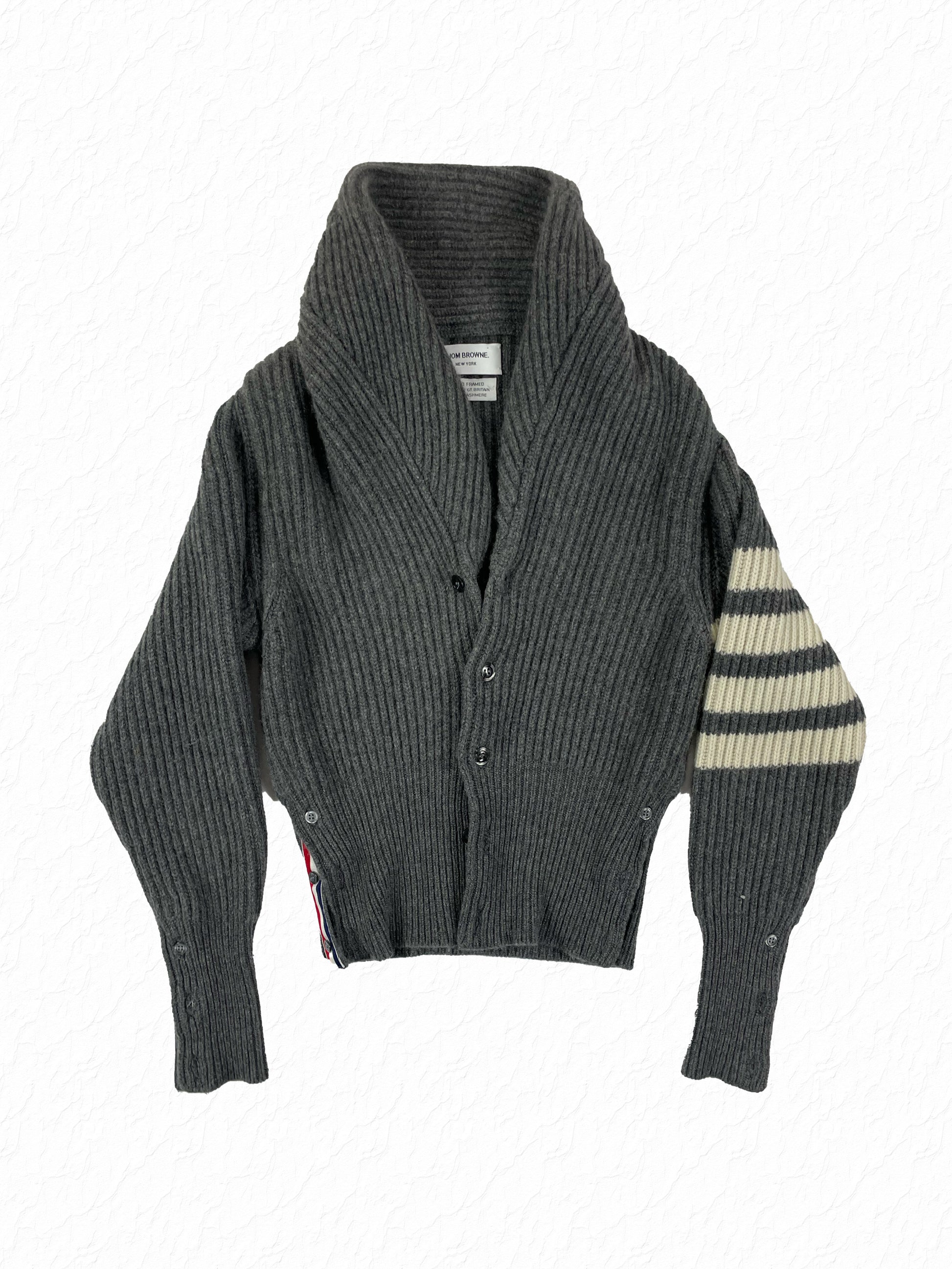 Thom Browne shawl collar 4-Bar cashmere cardigan in grey