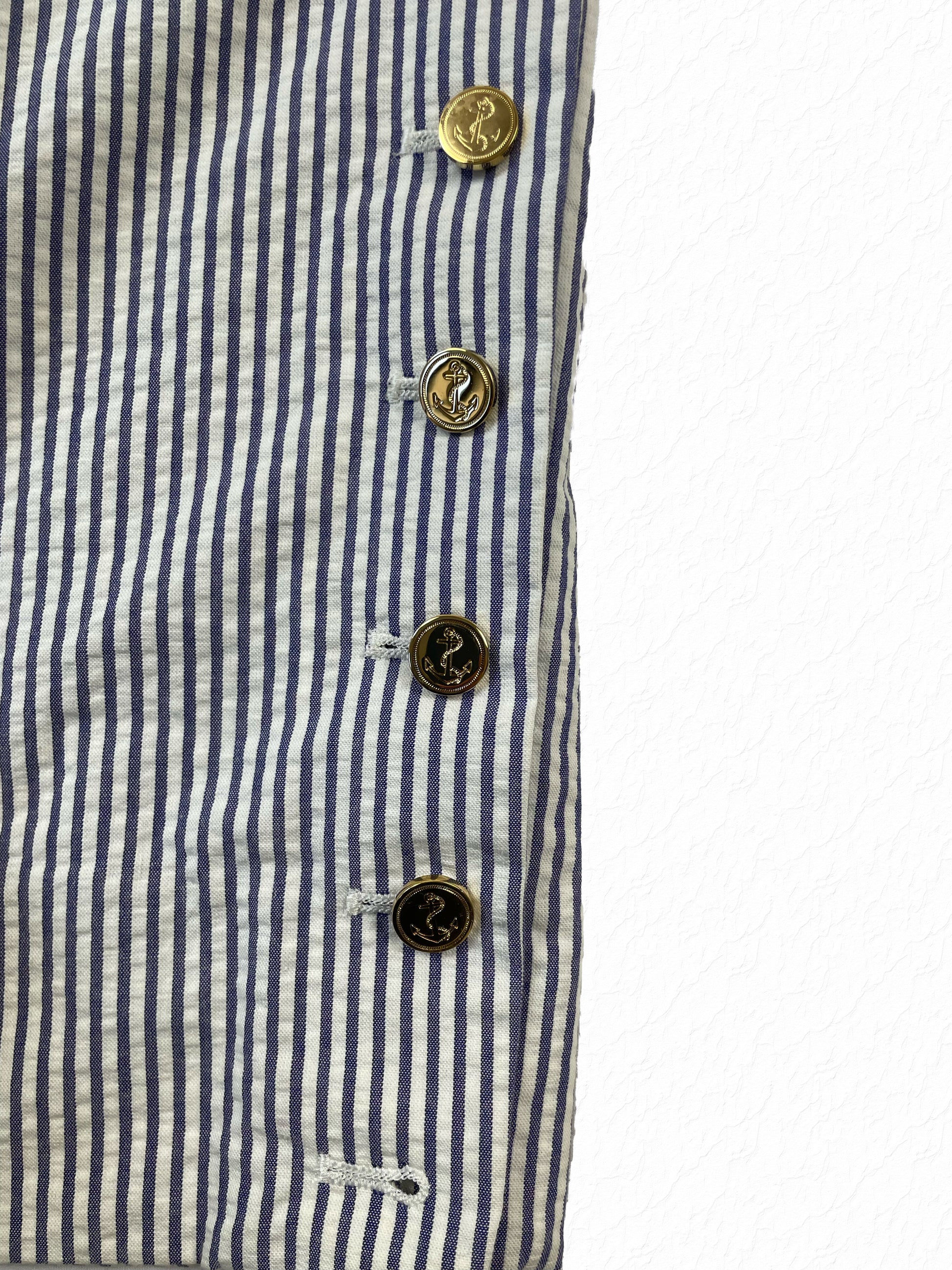 Seersucker blue and white striped Thom Browne nautical pants