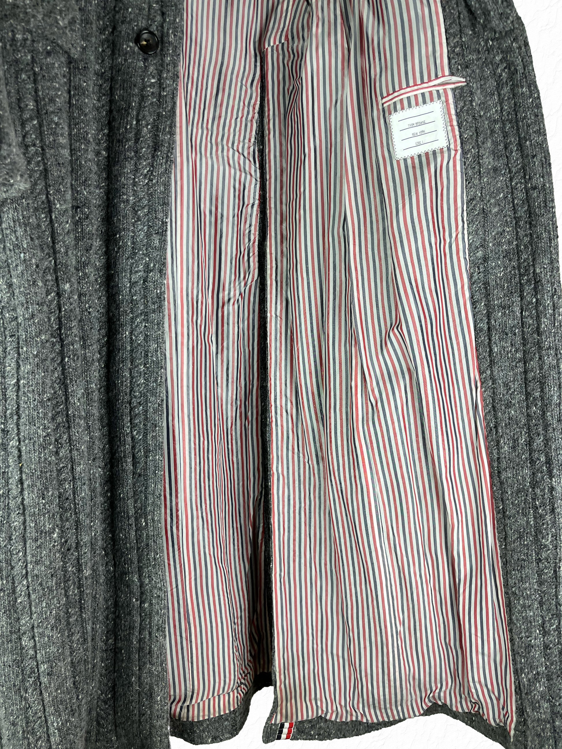Grey Donegal wool cable knit coat with Thom Browne RWB striped satin lining
