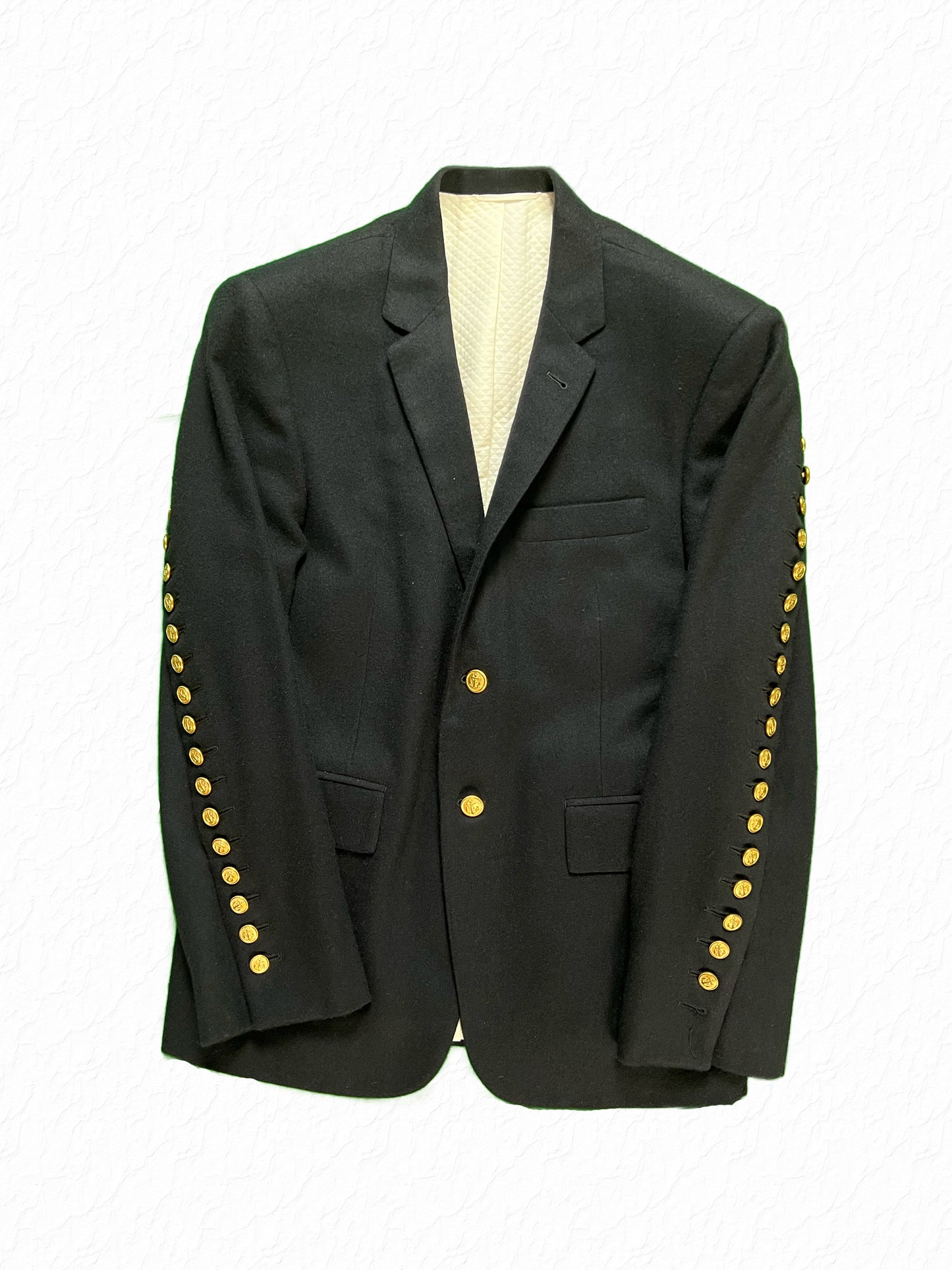 Thom Browne cashmere blazer with gold anchor buttons up the sleeve