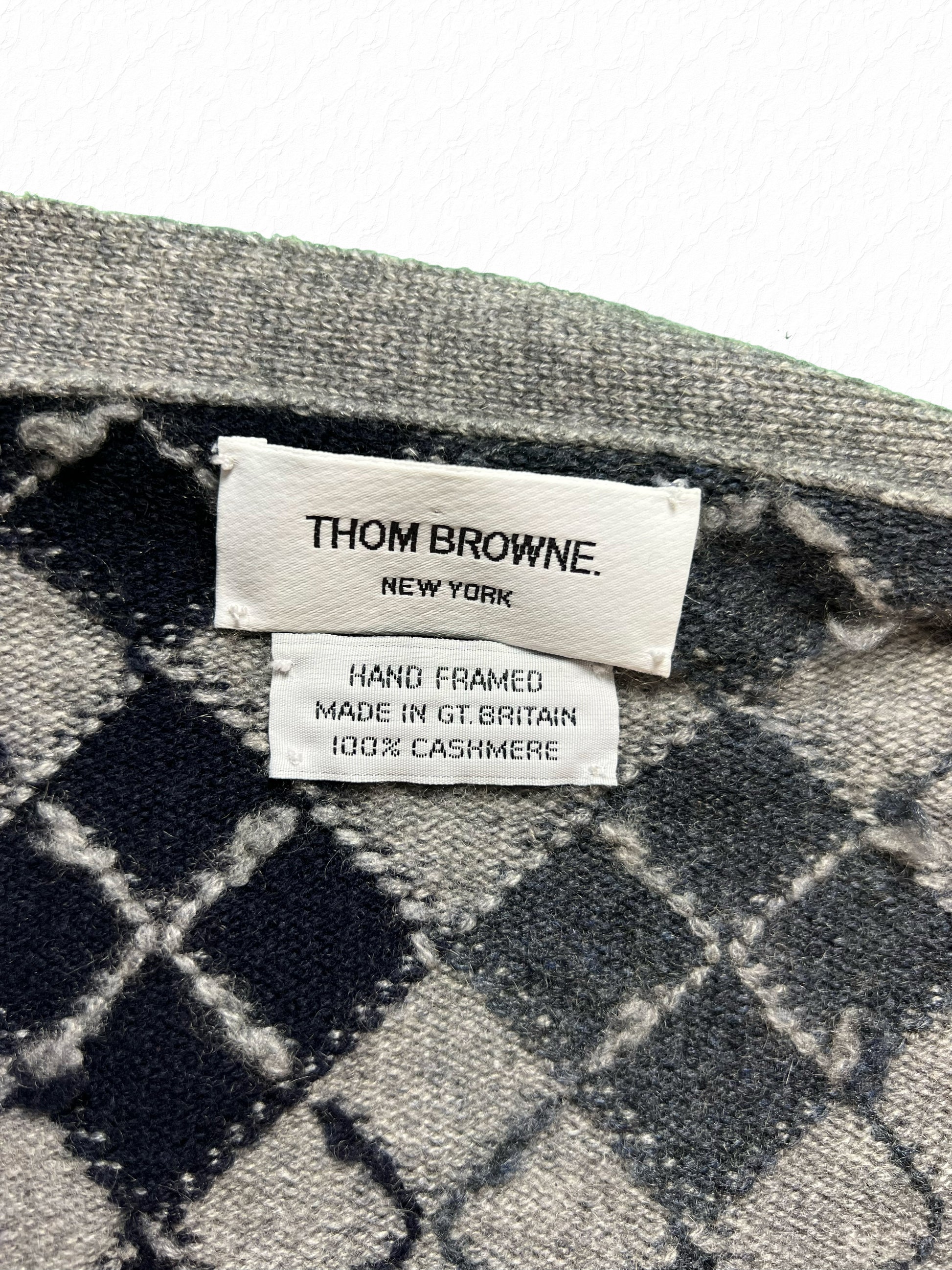 Thom Browne New York cashmere cardigan hand framed in Great Britain