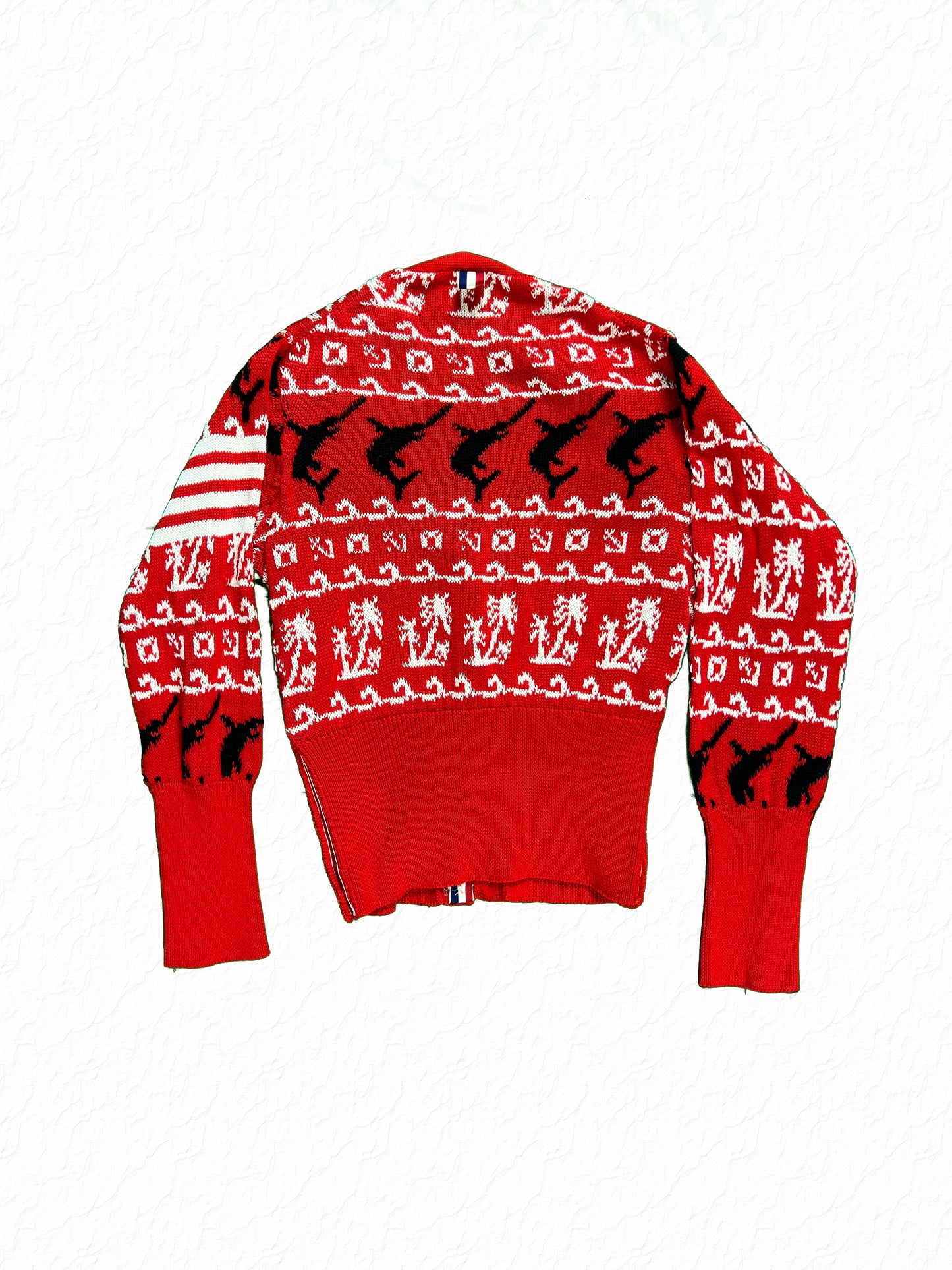 RWB grosgrain placket Thom Browne red cardigan with marlin knit design