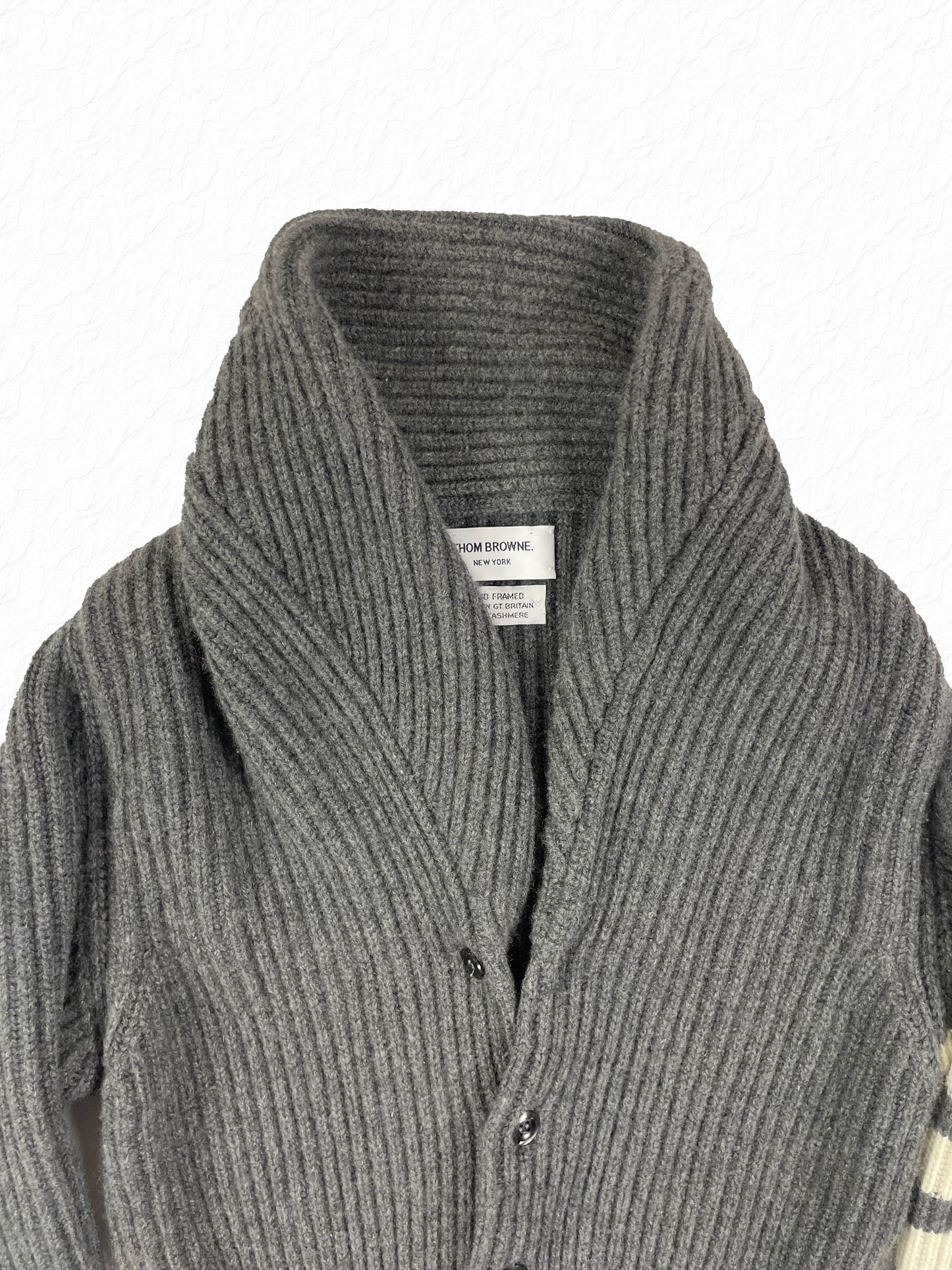 Grey thick rib cashmere knit Thom Browne shawl collar cardigan