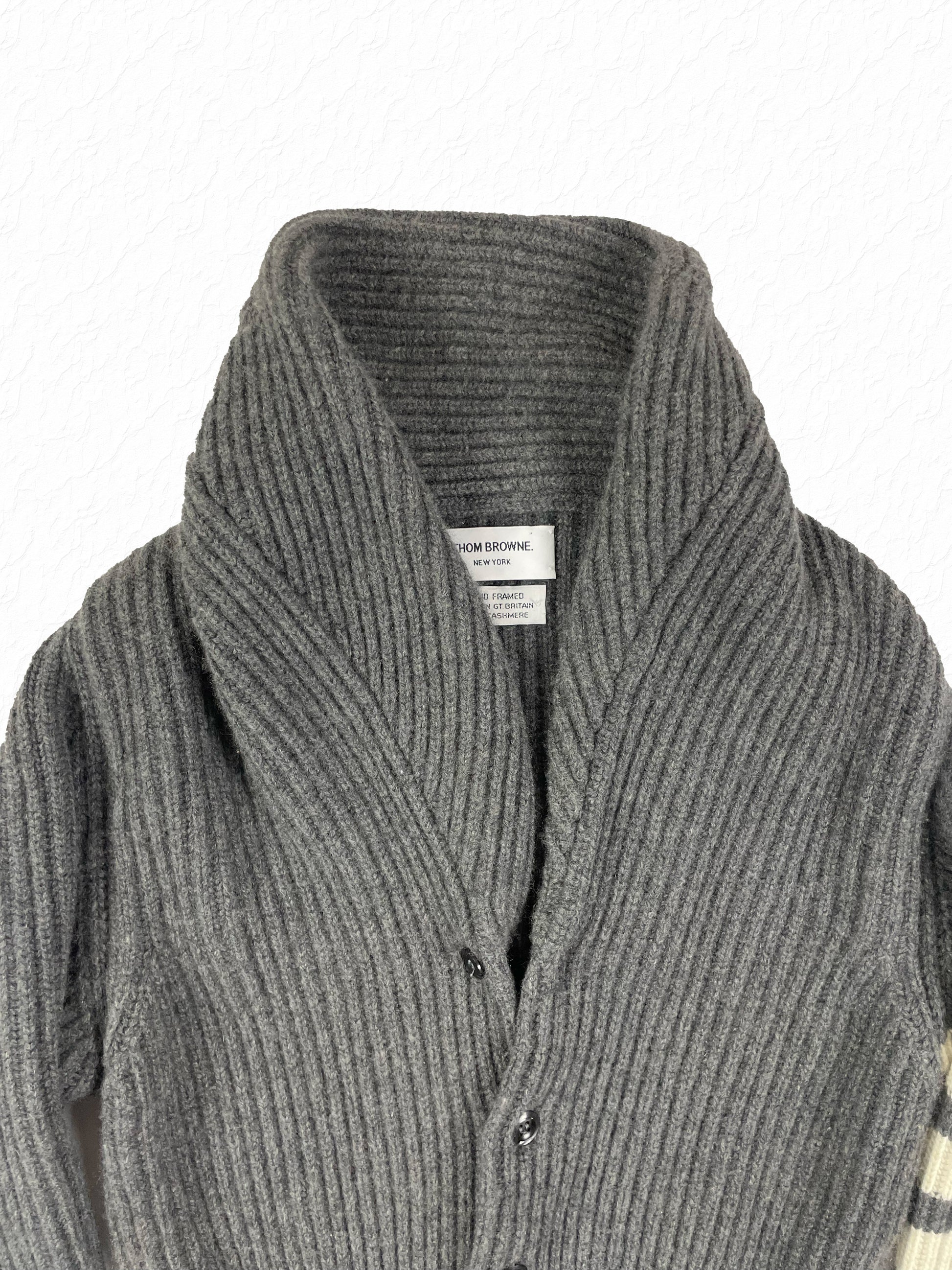 Grey thick rib cashmere knit Thom Browne shawl collar cardigan