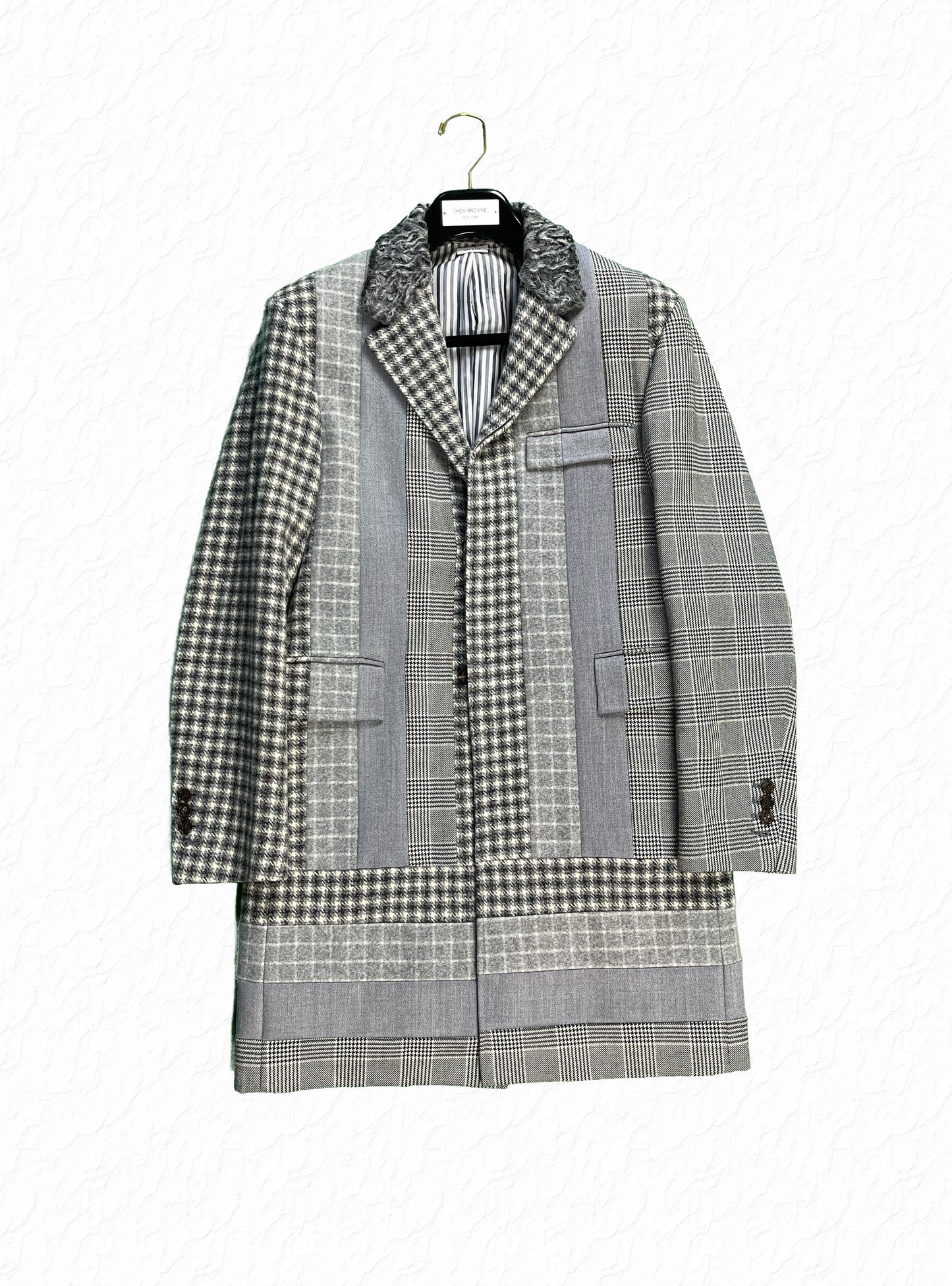 Thom Browne Fun Mix paneled wool overcoat with astrakhan fur collar