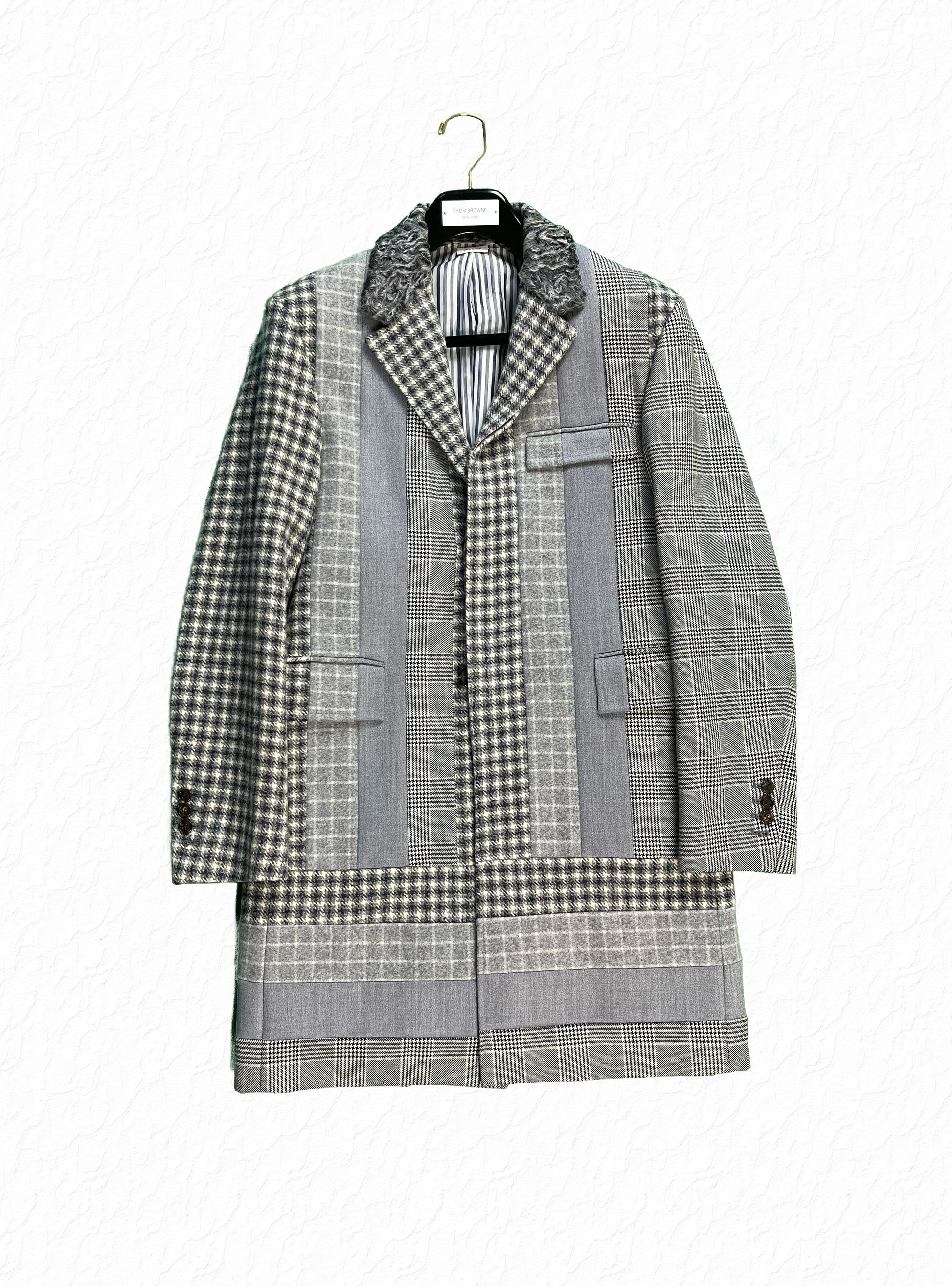Thom Browne Fun Mix paneled wool overcoat with astrakhan fur collar