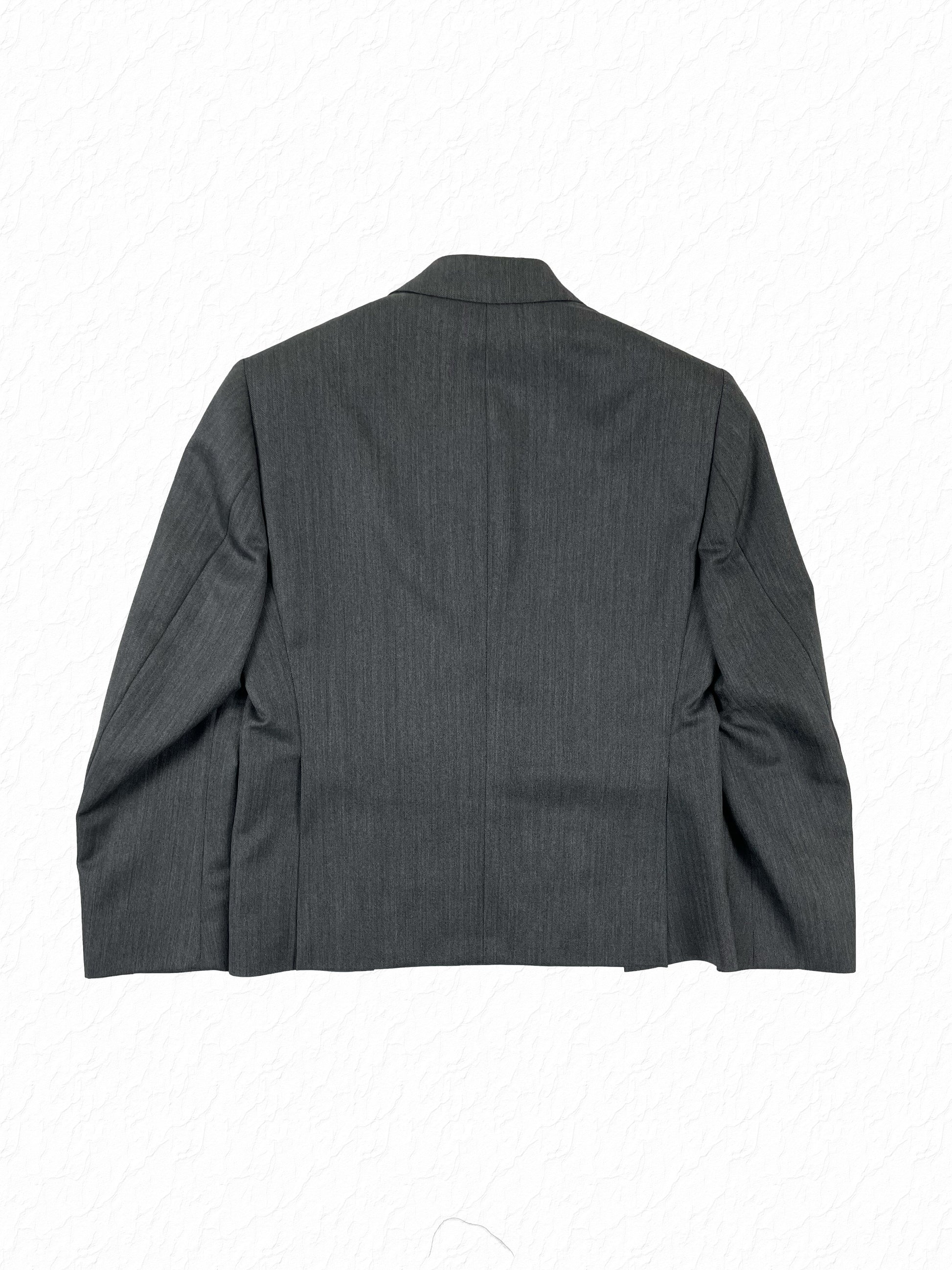 Grey herringbone wool blazer by Thom Browne with notch lapel
