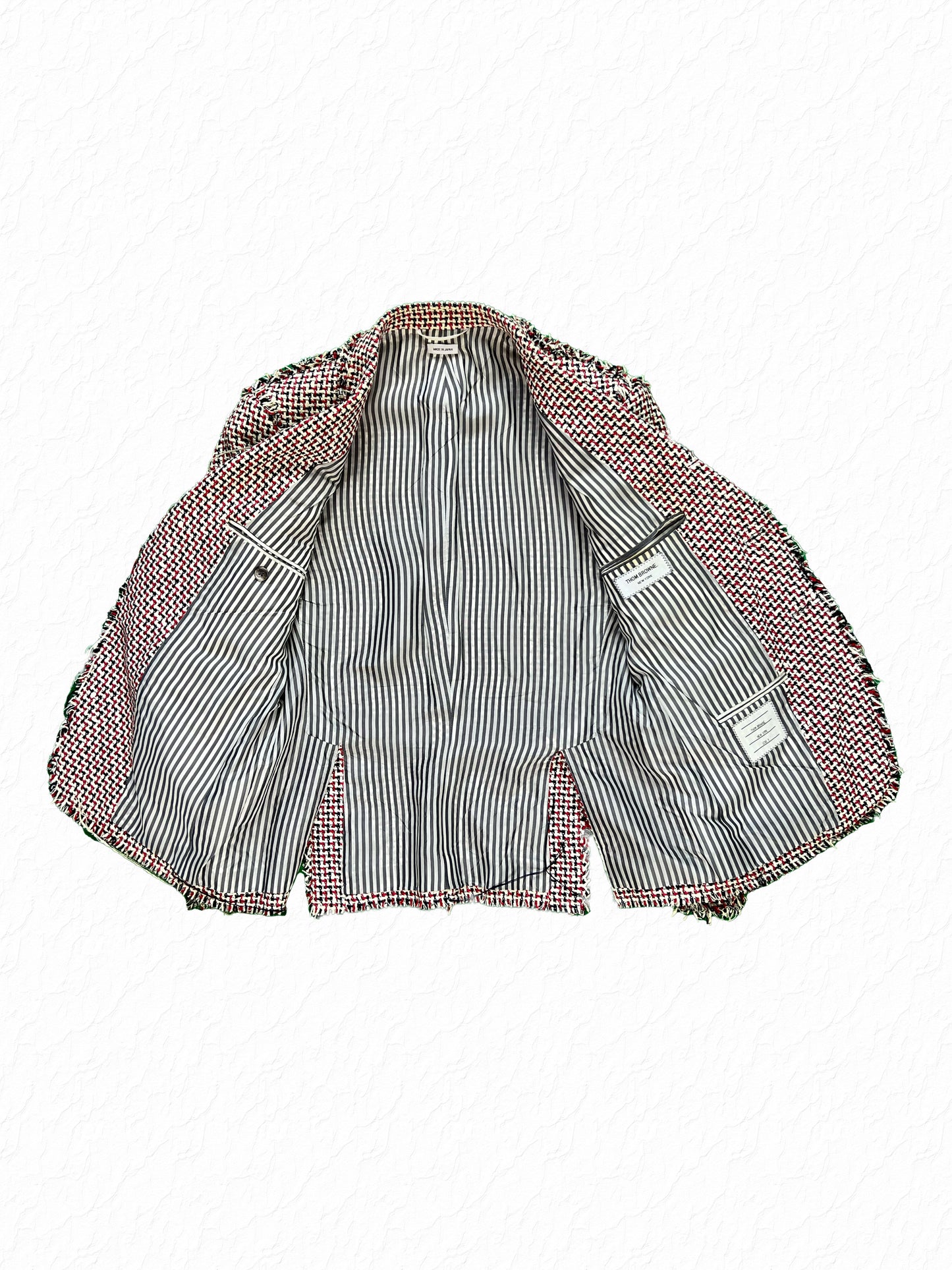 Red white and navy houndstooth tweed Thom Browne jacket with grosgrain striped lining