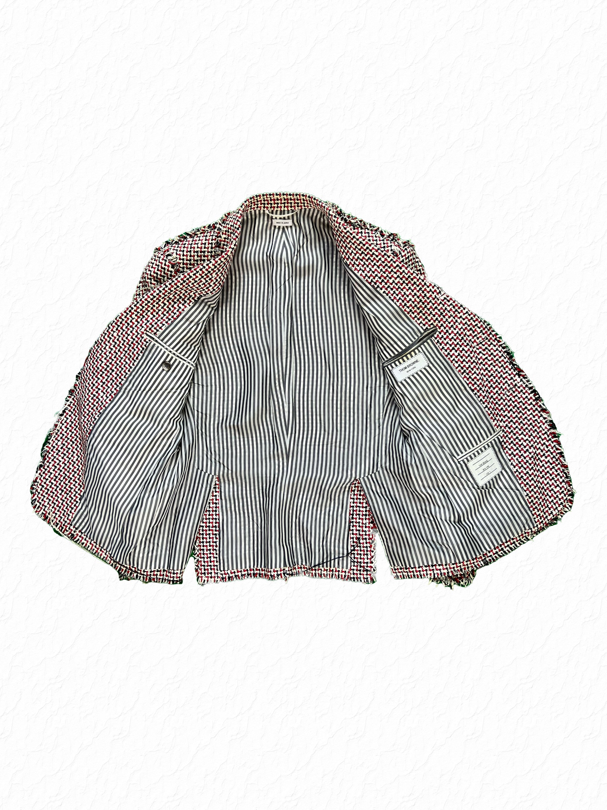 Red white and navy houndstooth tweed Thom Browne jacket with grosgrain striped lining