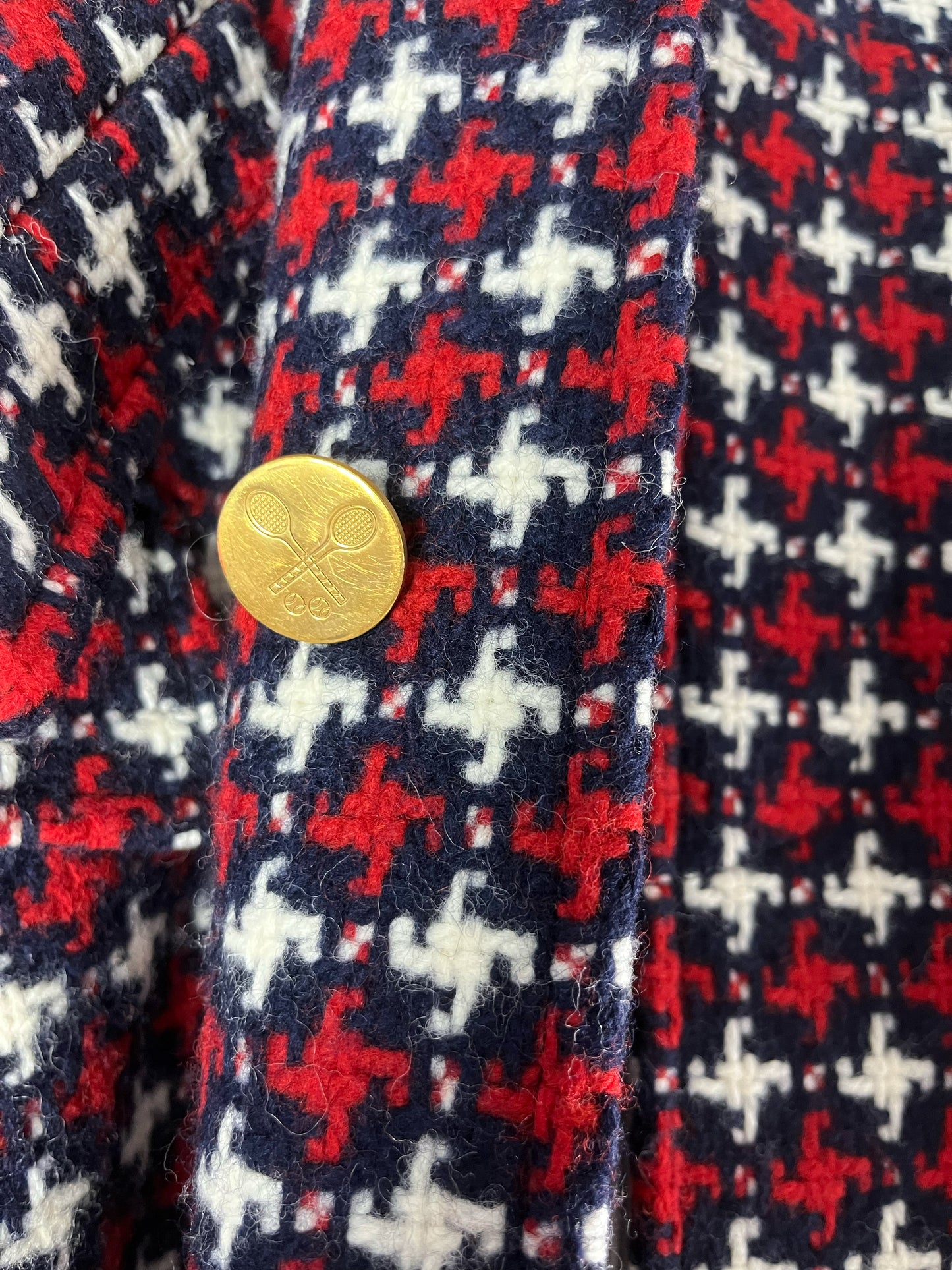 Gold tennis racket buttons on Thom Browne Fall 2009 wool coat