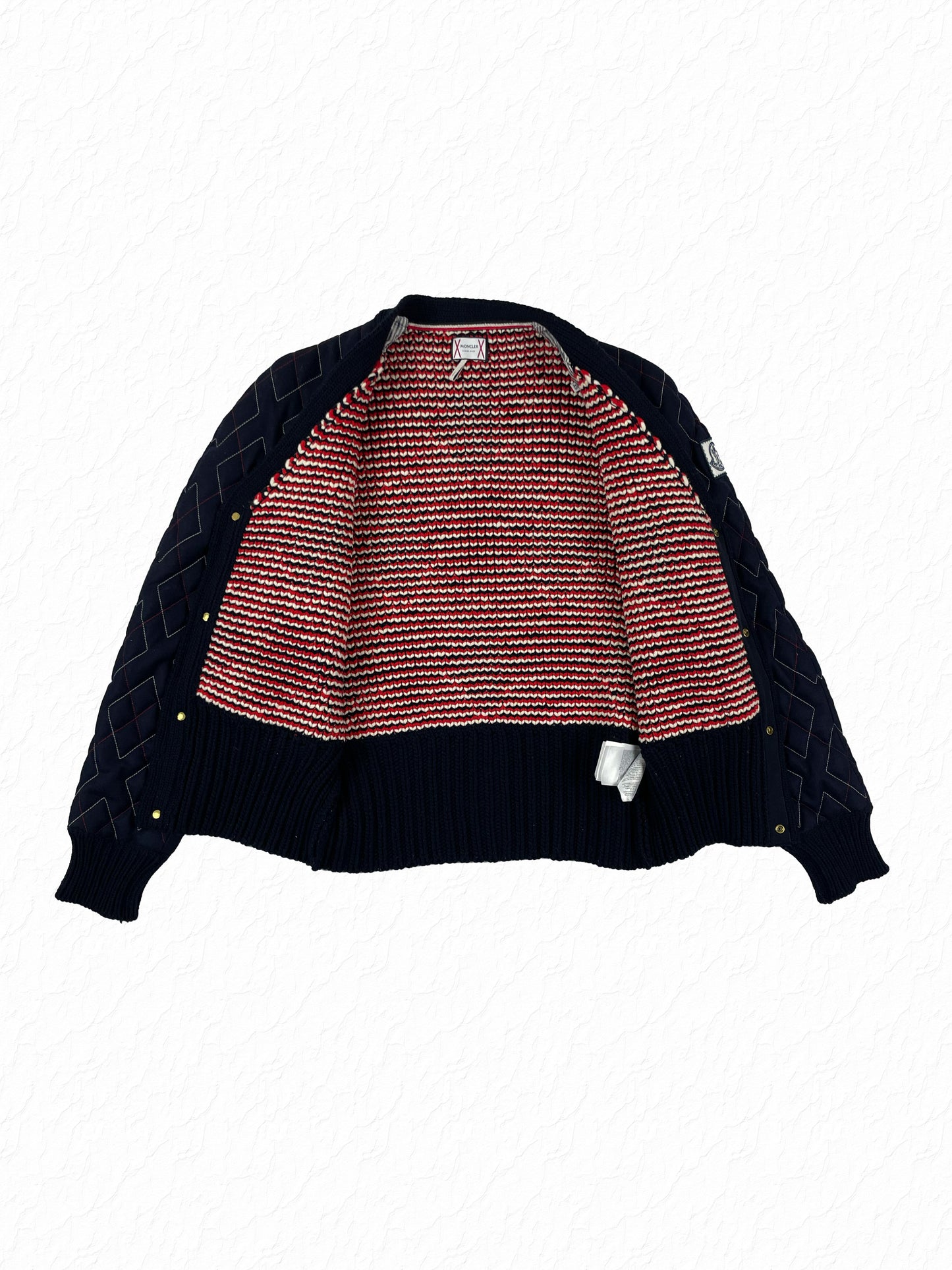 Moncler Gamme Bleu navy wool knit cardigan with red argyle diamond pattern