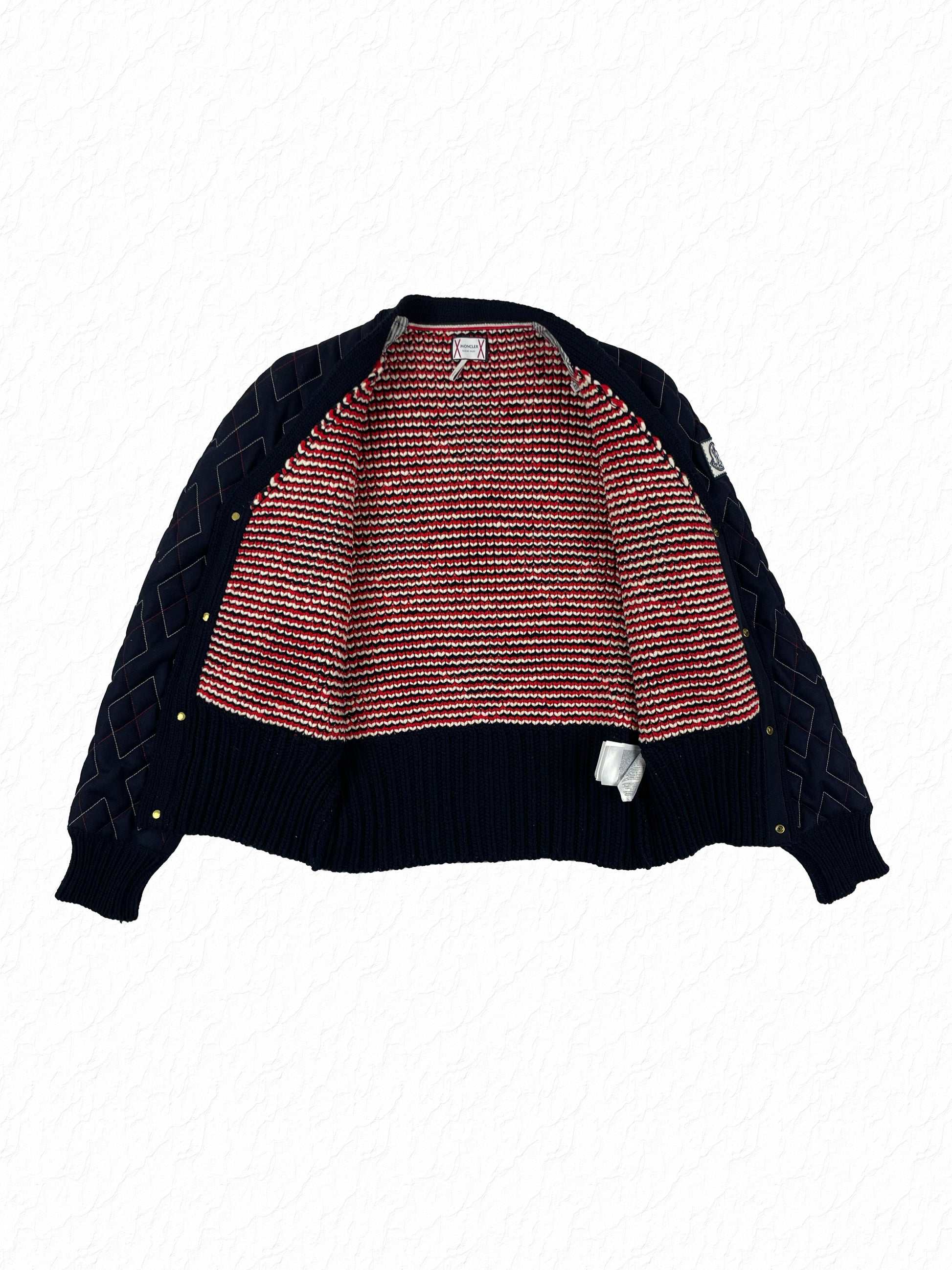 Moncler Gamme Bleu navy wool knit cardigan with red argyle diamond pattern