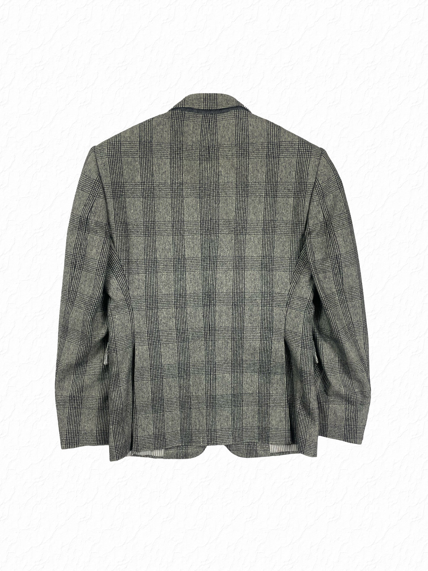 Signature red white blue grosgrain placket on Thom Browne wool jacket
