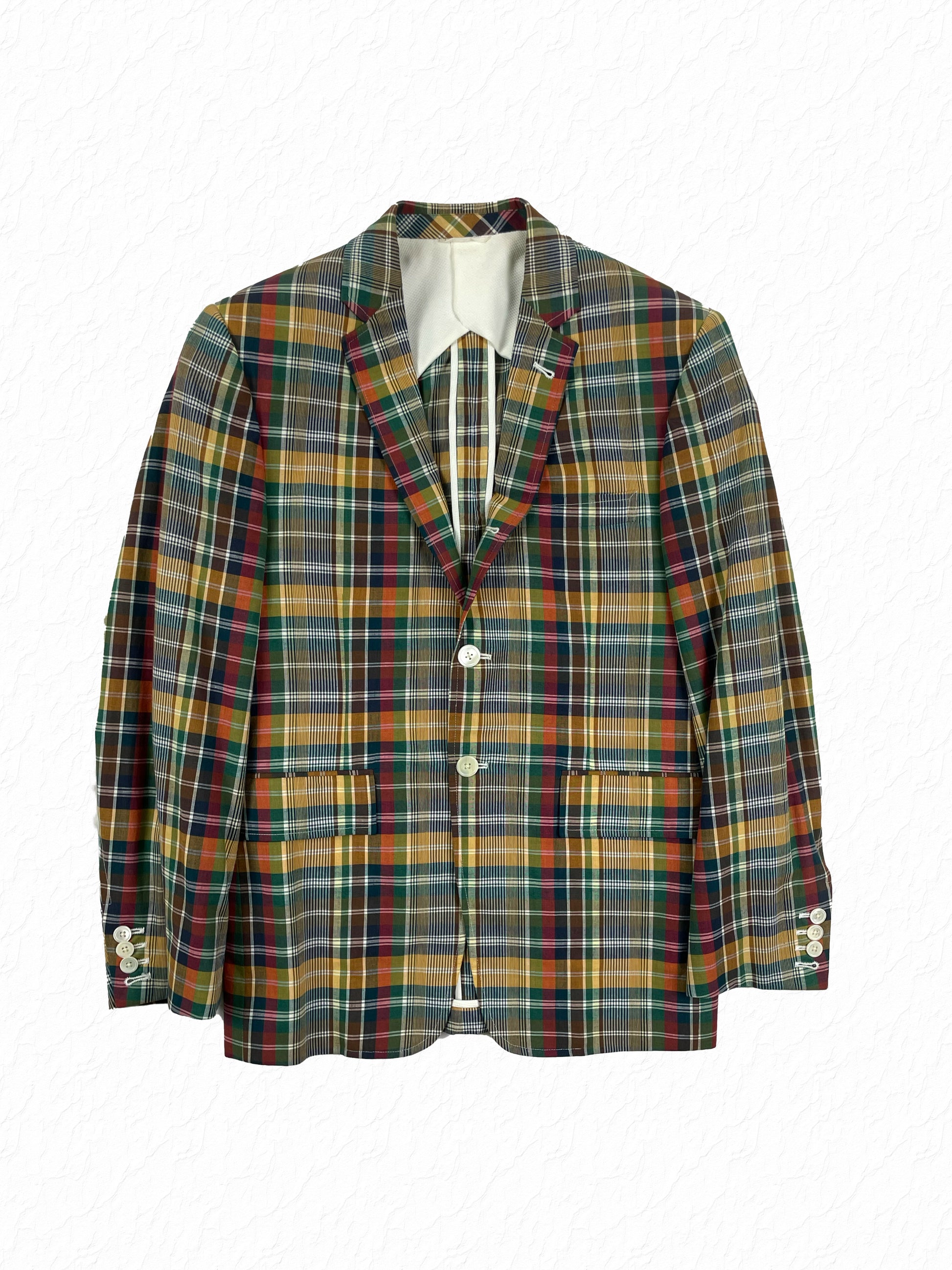 Thom Browne madras check cotton suit jacket in green, red and yellow plaid