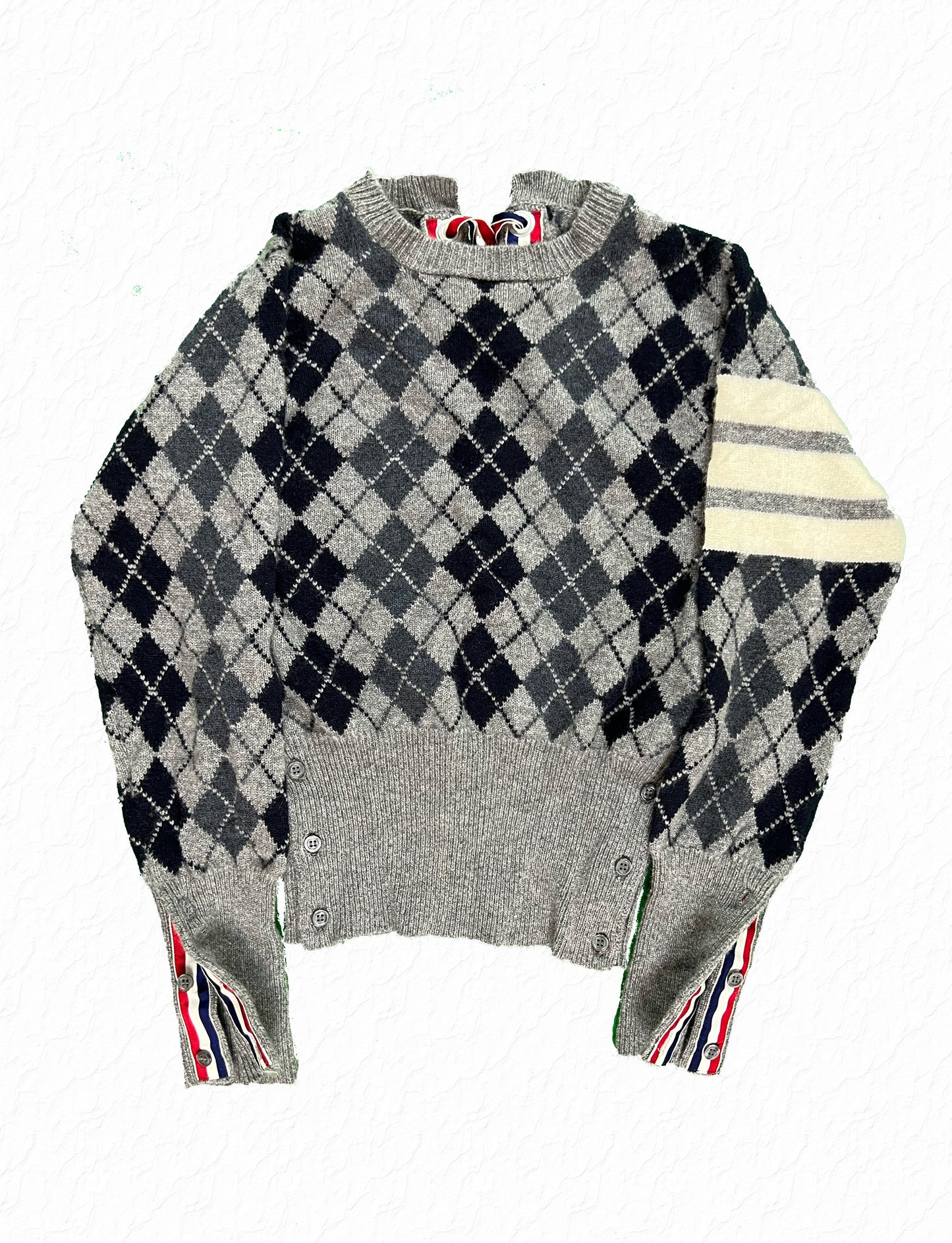 Grey argyle Thom Browne cashmere sweater with grosgrain ribbon cuffs and button placket
