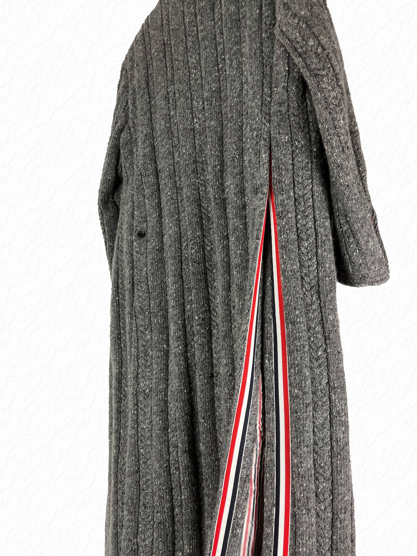 Long Thom Browne Chesterfield coat with RWB tricolor grosgrain trim vent