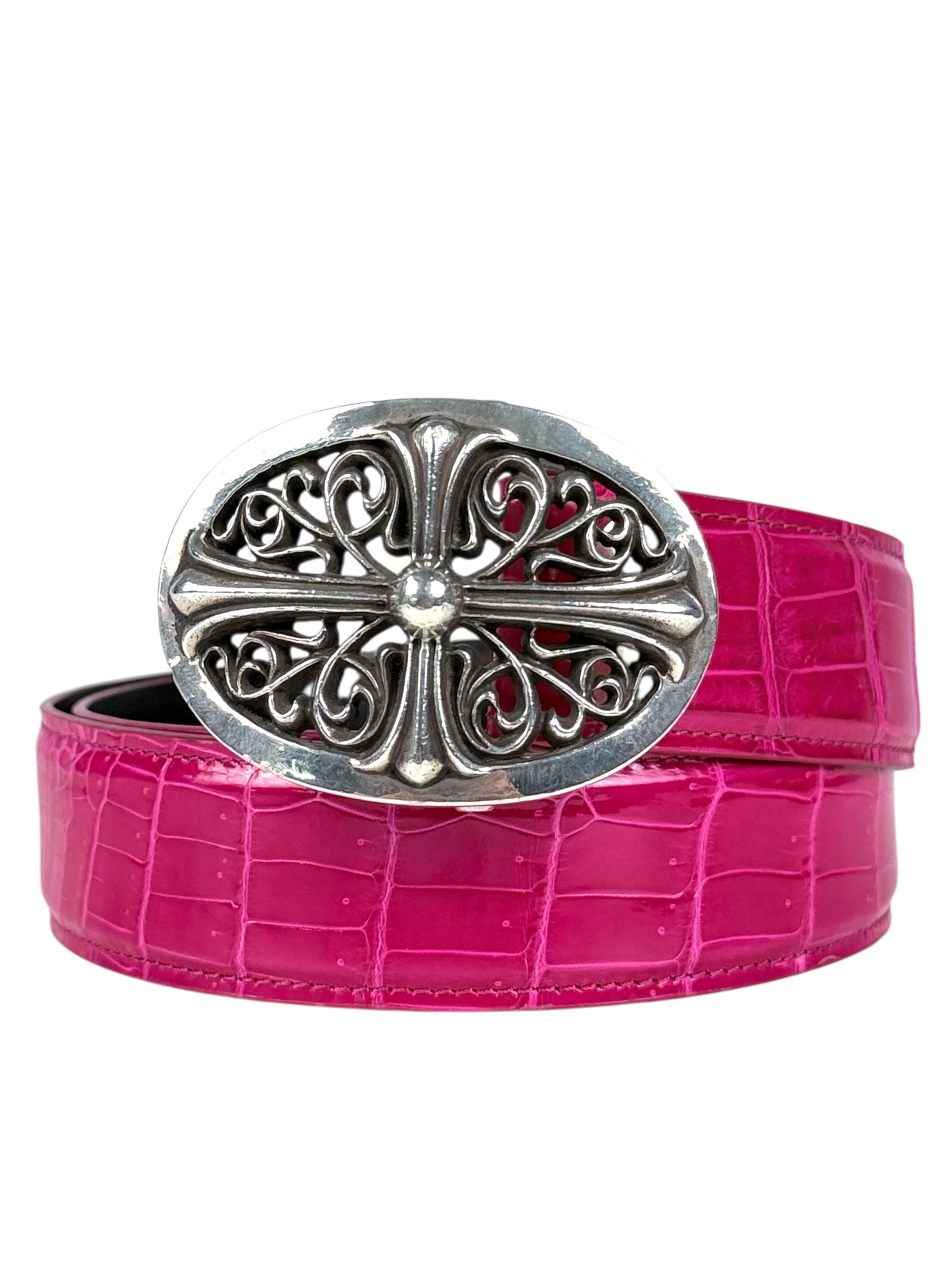 Pink crocodile belt strap with AMAL two snap button buckle system