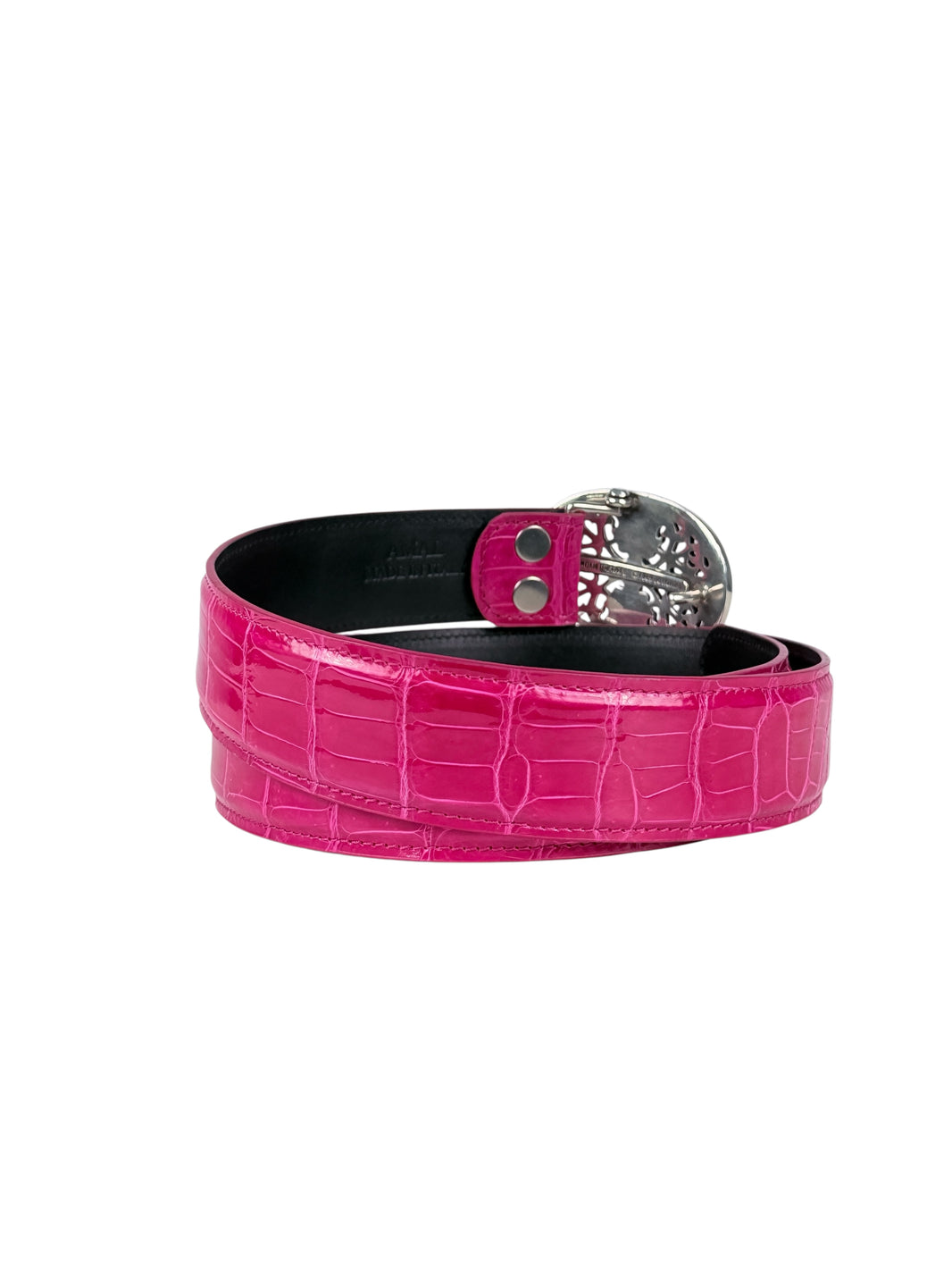 Glossy pink crocodile leather belt strap AMAL V2 model
