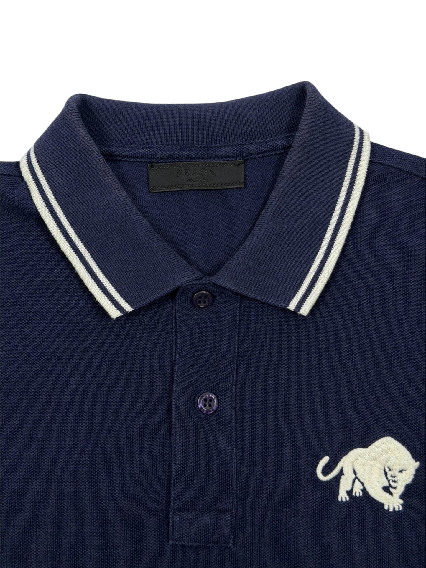 Embroidered White Panther on Prada Navy Cotton Polo Shirt