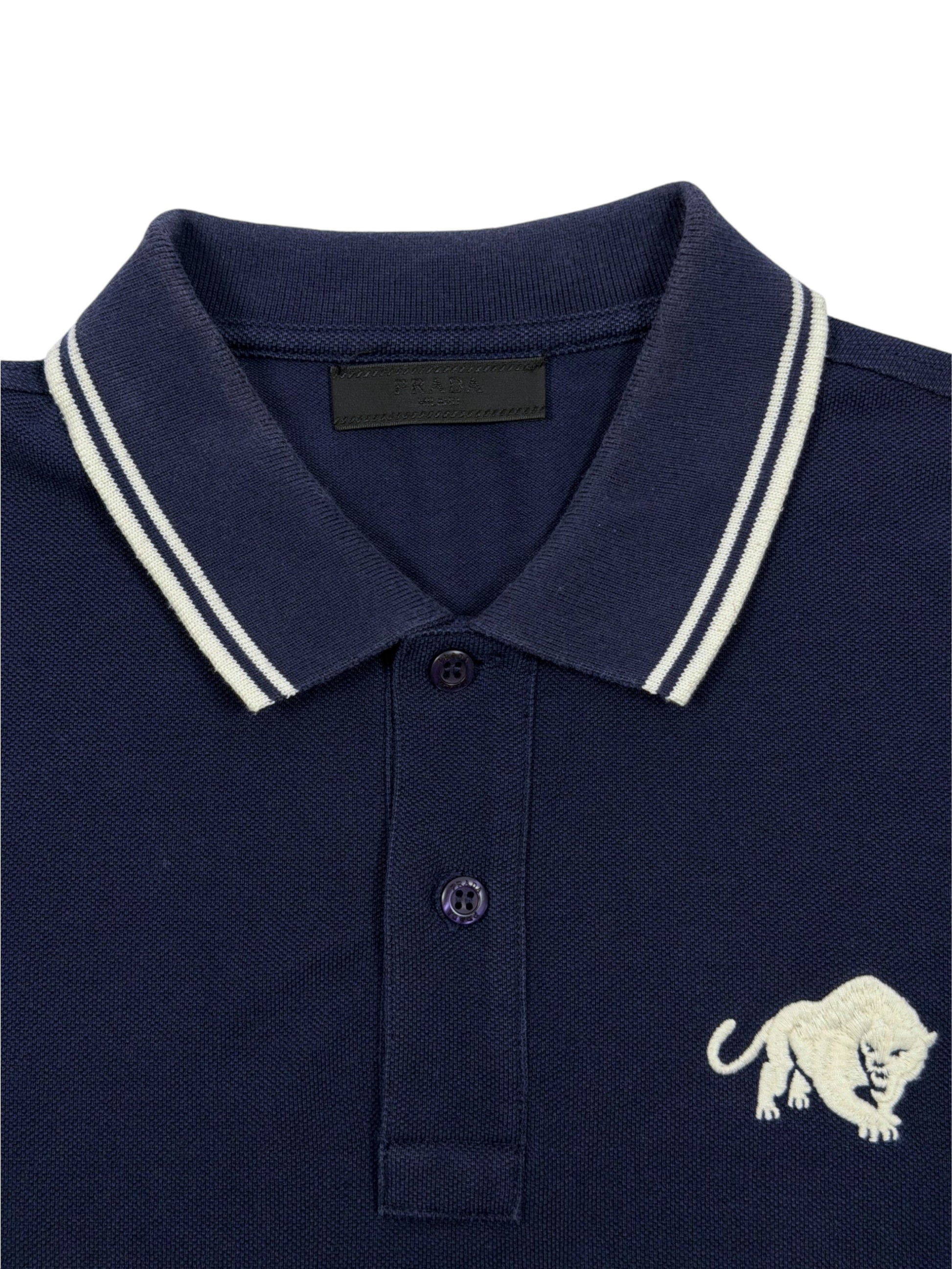 Embroidered White Panther on Prada Navy Cotton Polo Shirt