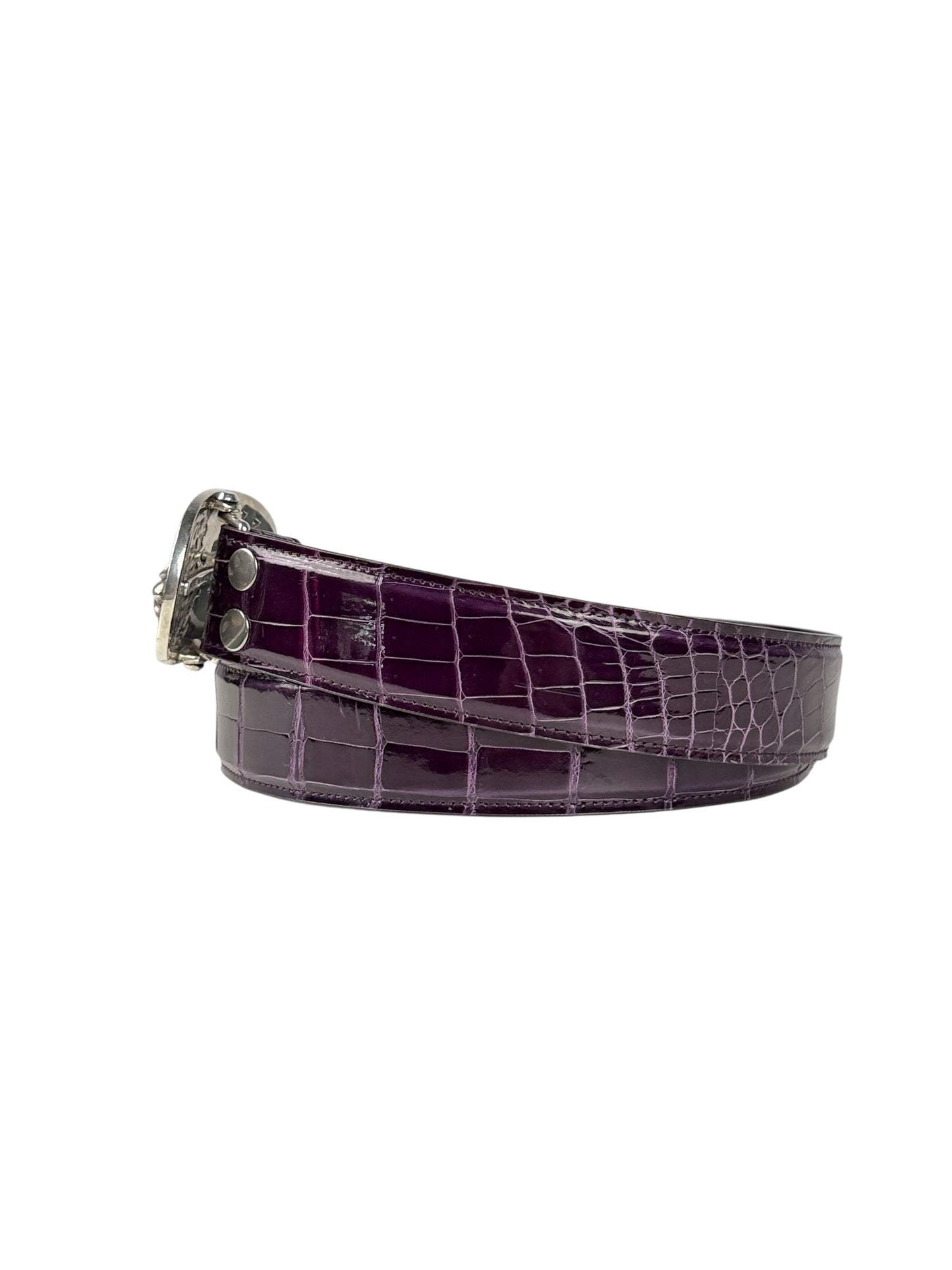 Exotic crocodile leather belt strap by AMAL in glossy purple
