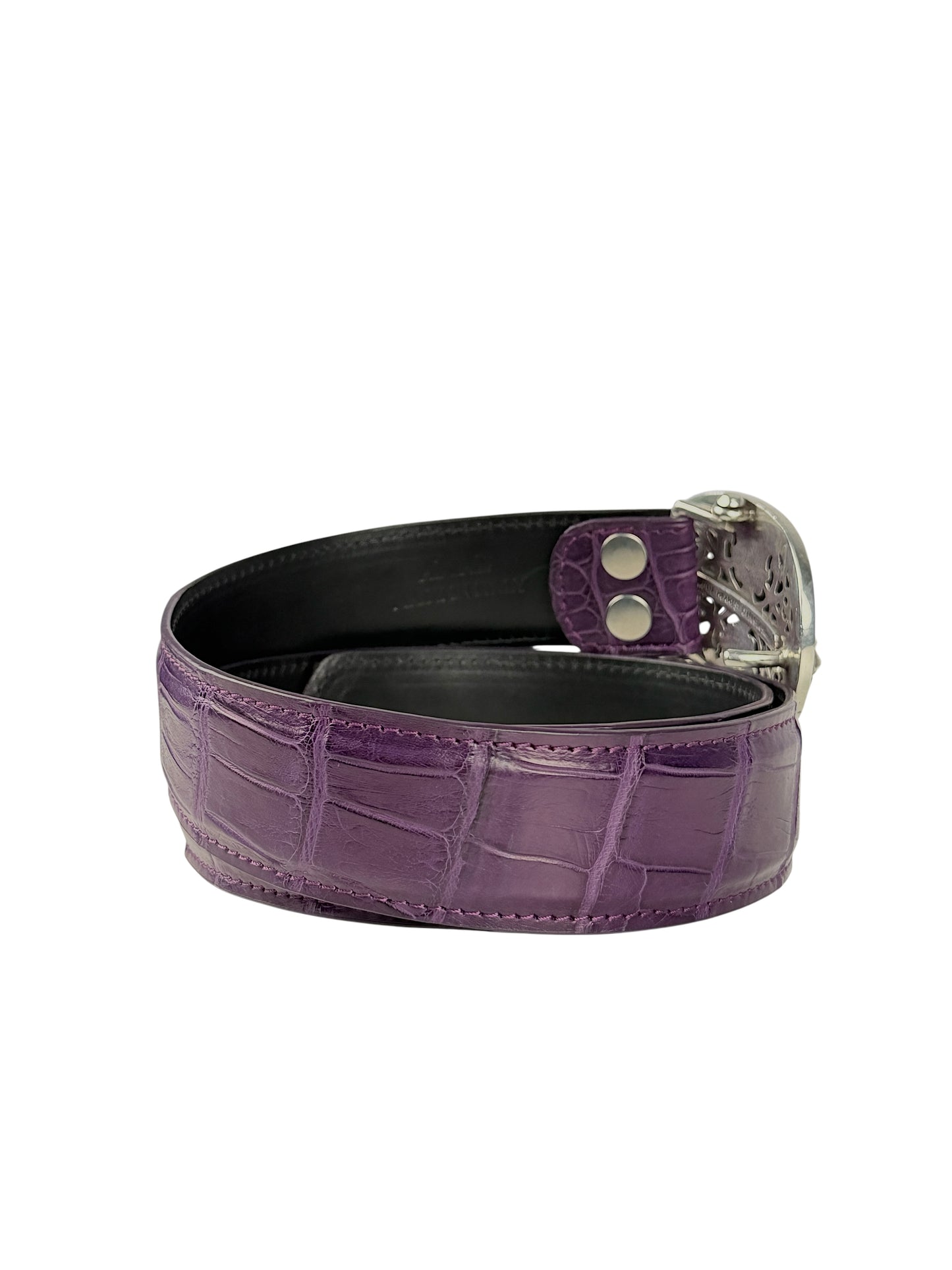 Matte crocodile scale pattern on AMAL purple belt strap