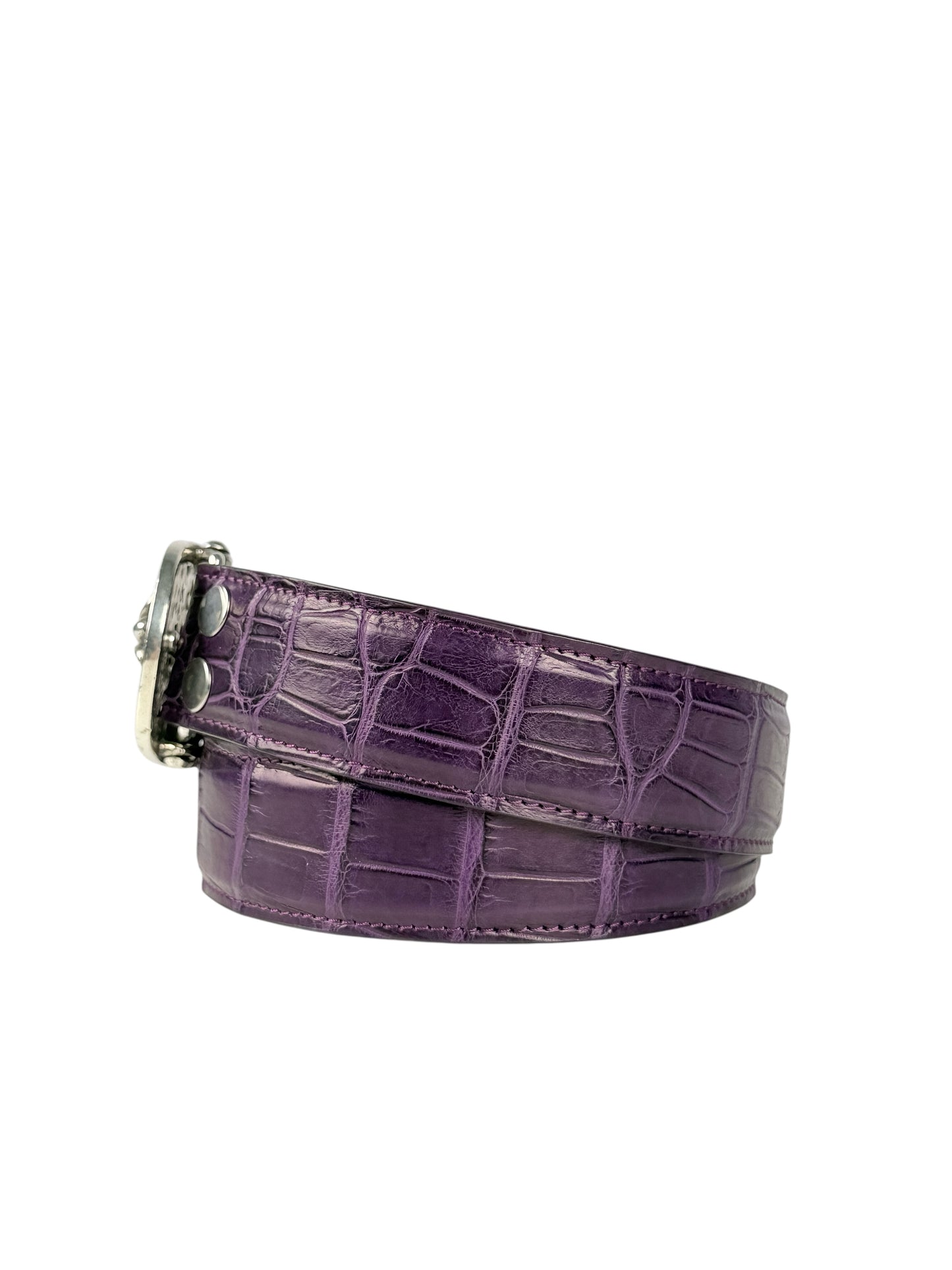 Exotic crocodile leather belt strap by AMAL in matte purple