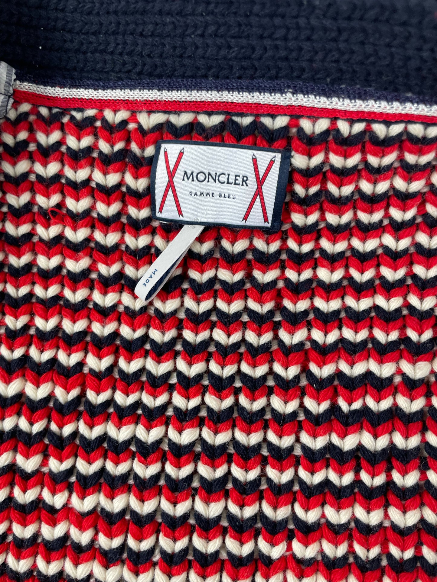 Red white and navy striped knit interior Moncler Gamme Bleu cardigan