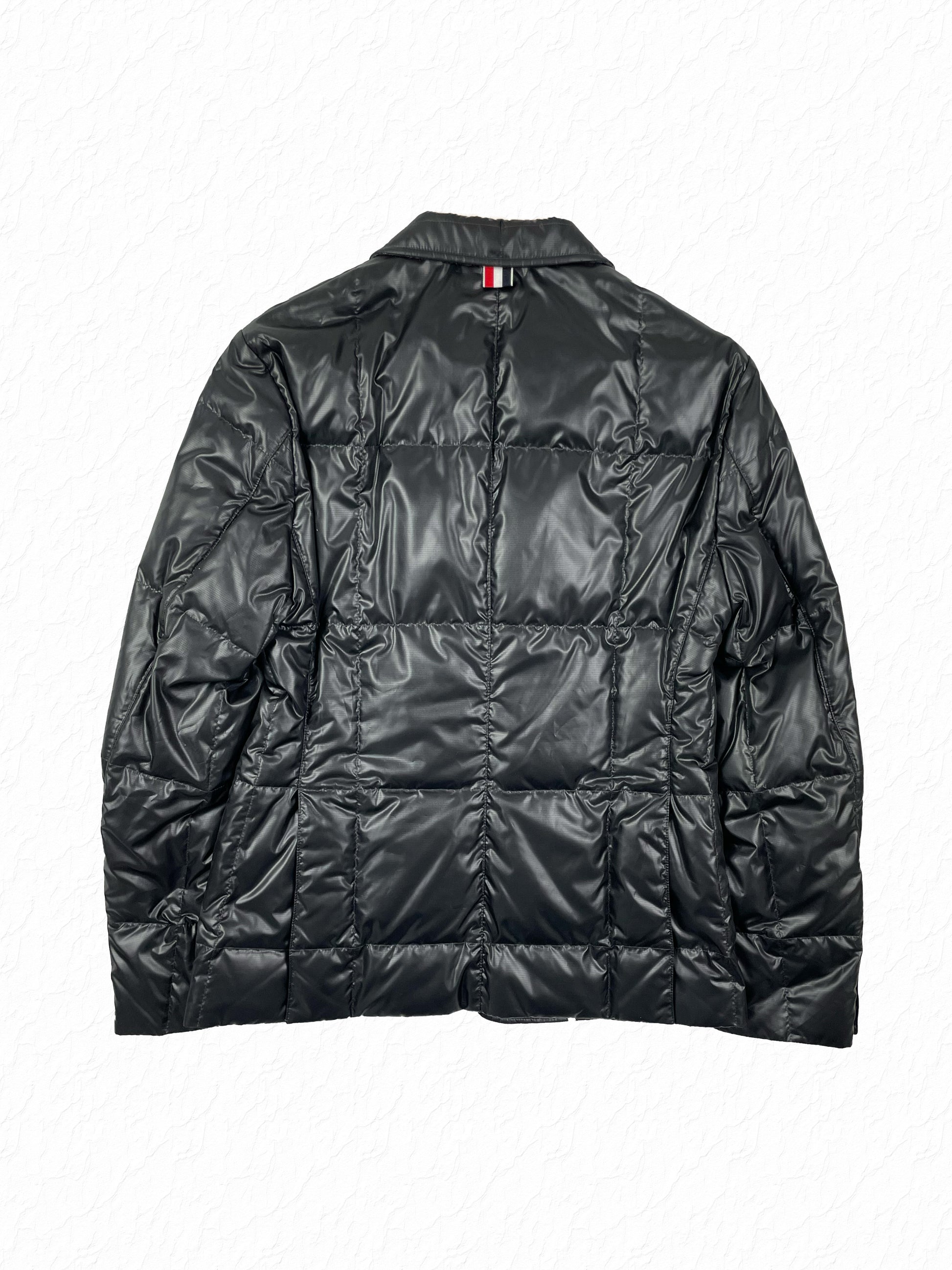 Box quilted black nylon down jacket by Thom Browne