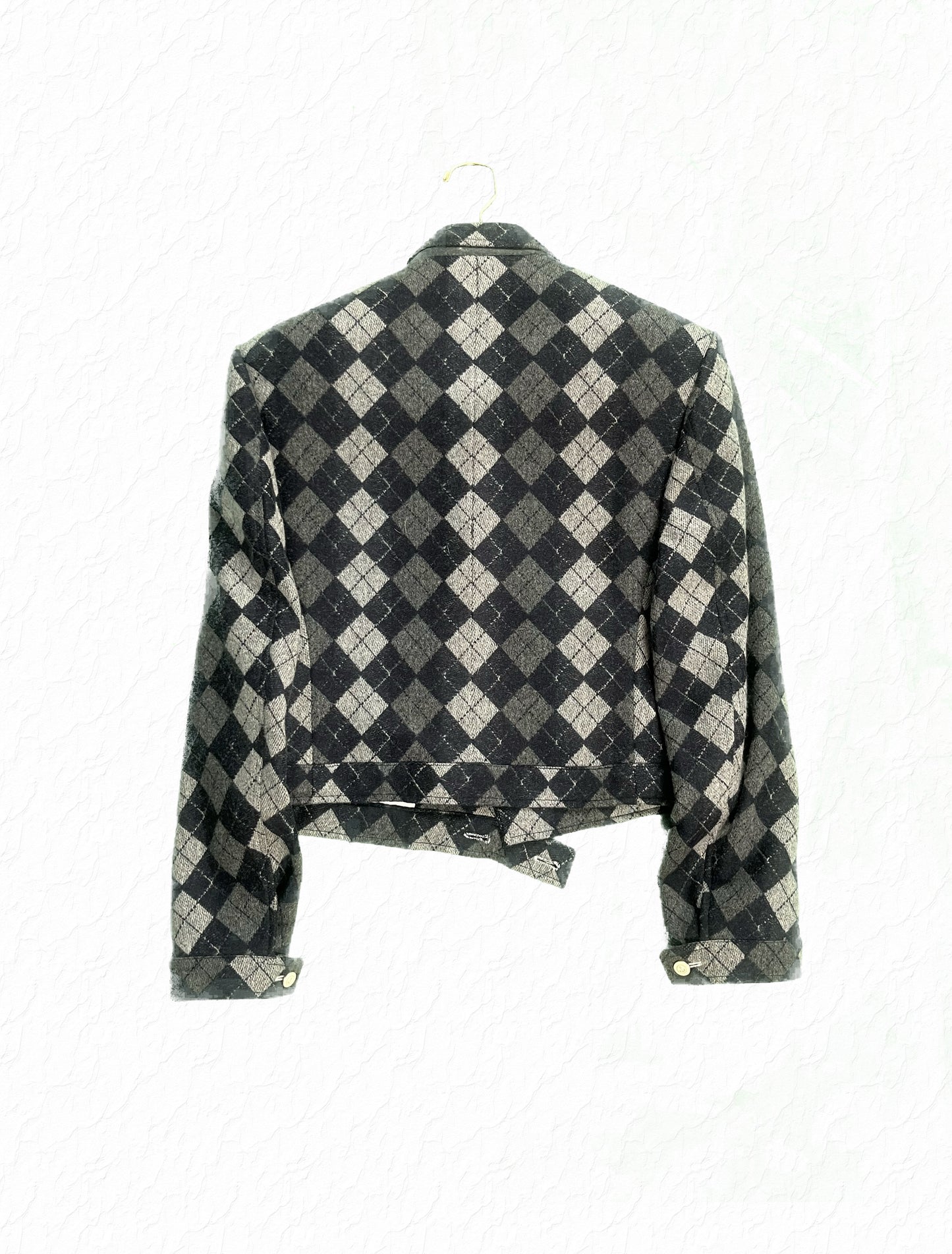 Grey and navy argyle Thom Browne Eisenhower jacket in soft cashmere knit