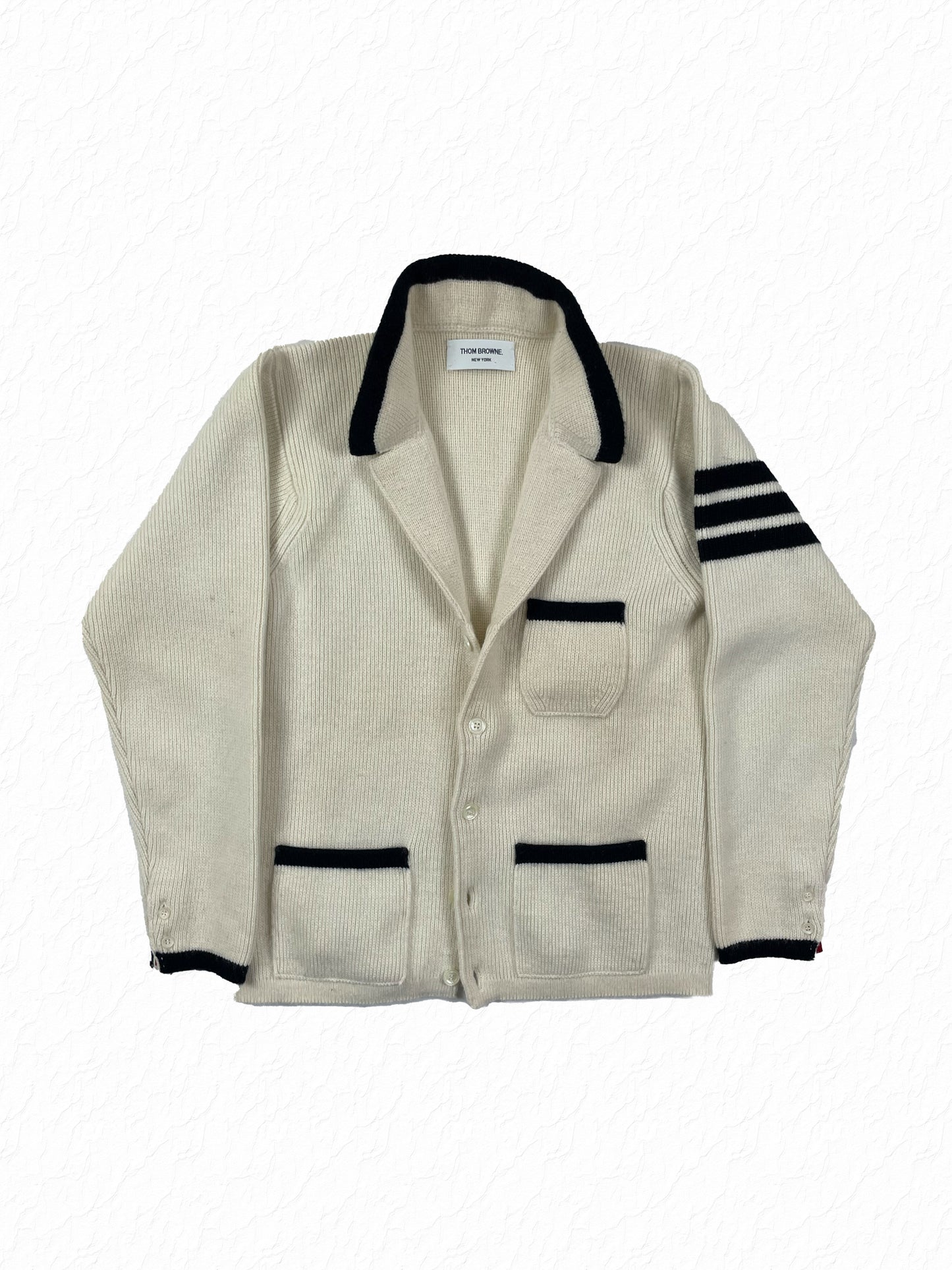 Thom Browne 4-Bar cashmere knit sport jacket in cream with navy trim