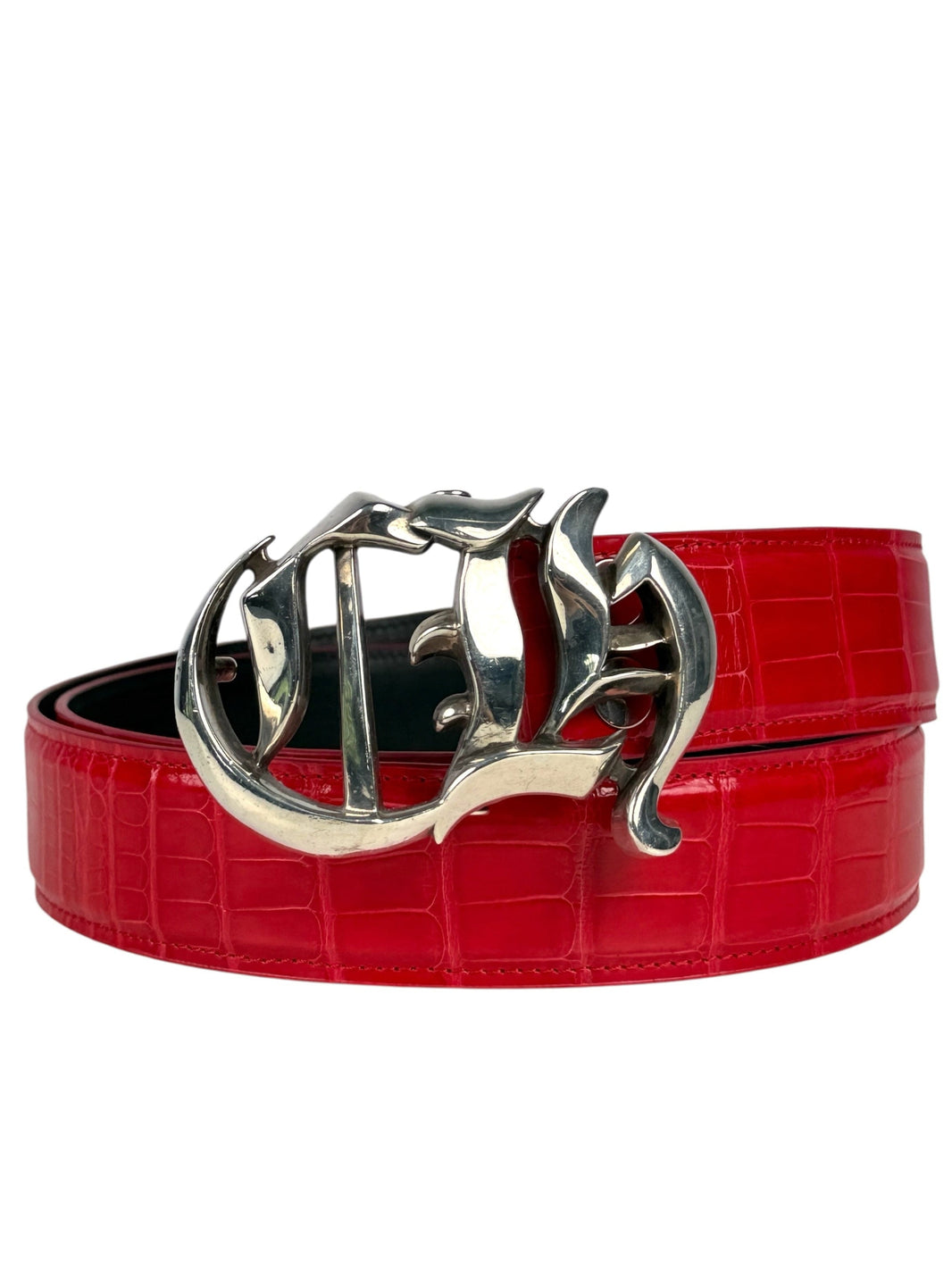 Glossy crocodile scale pattern on AMAL red belt strap