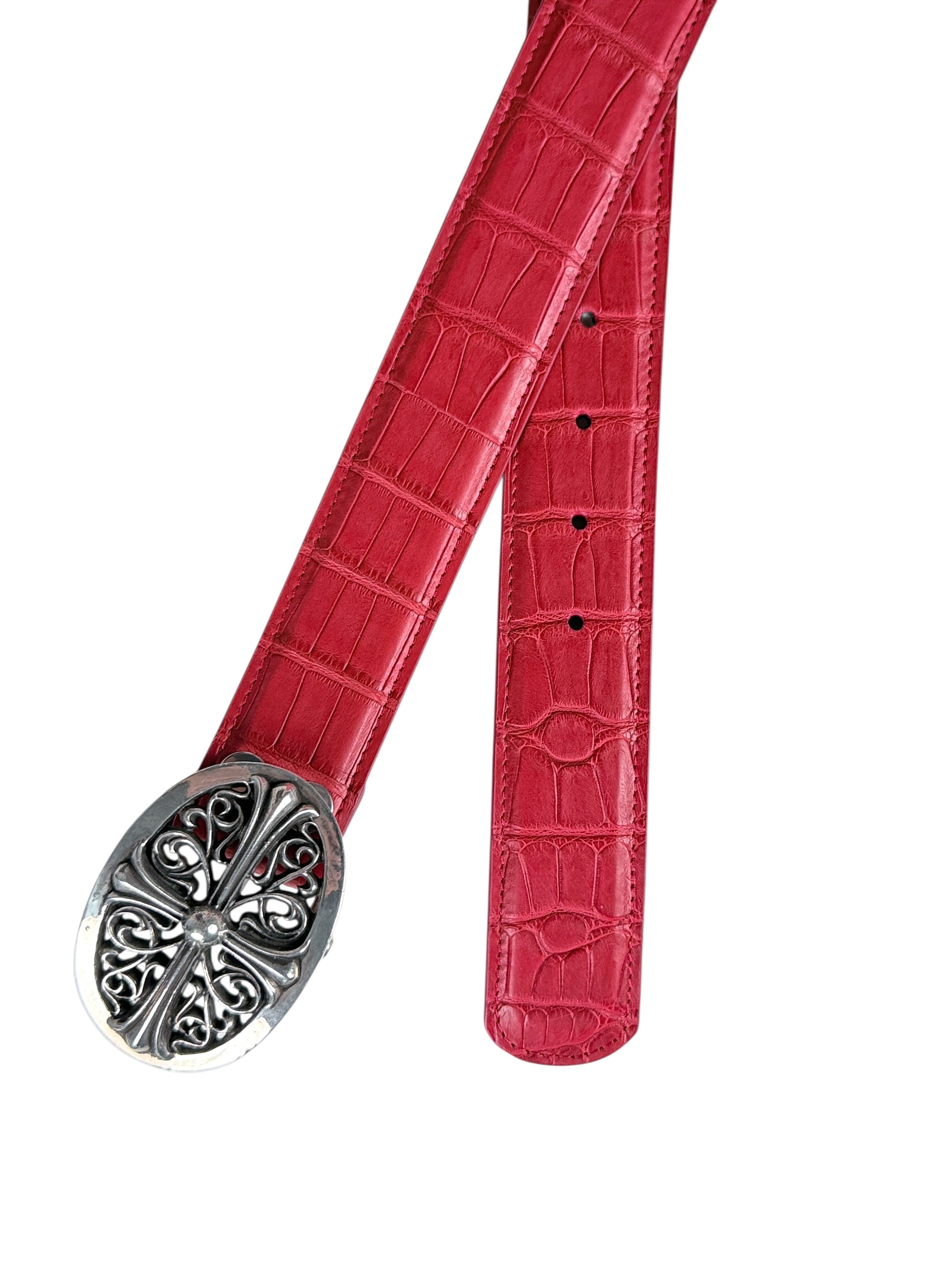 Matte crocodile scale pattern on AMAL red belt strap