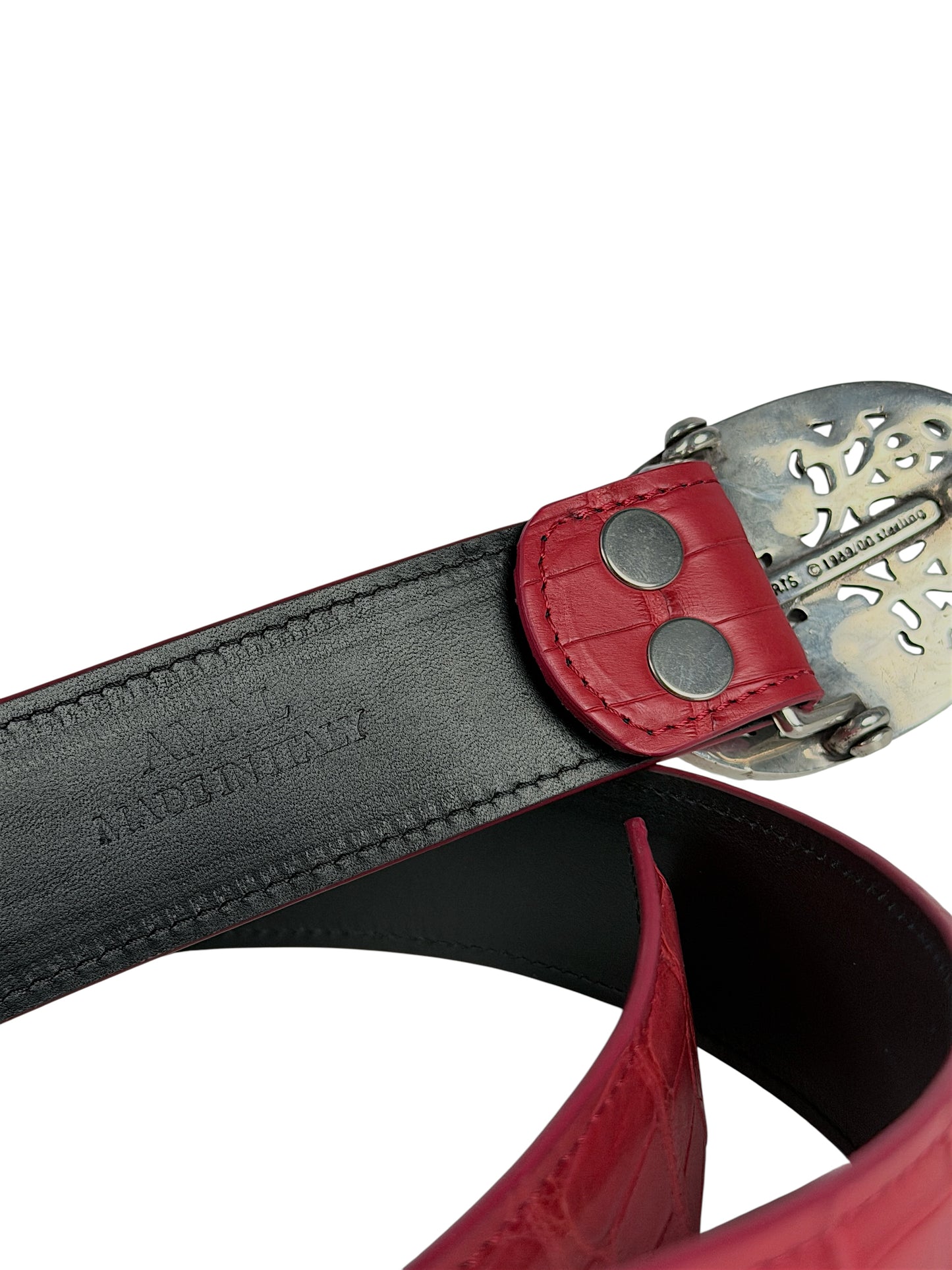 Red crocodile belt strap with AMAL two snap button buckle system