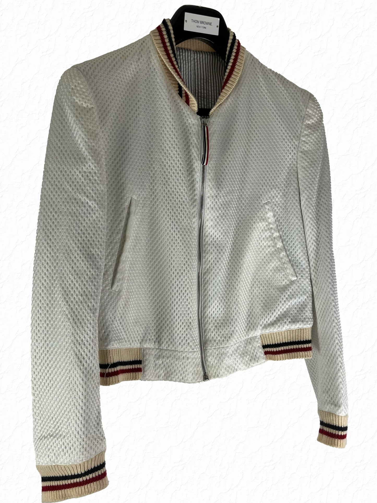Thom Browne white mesh varsity bomber jacket with RWB grosgrain trim