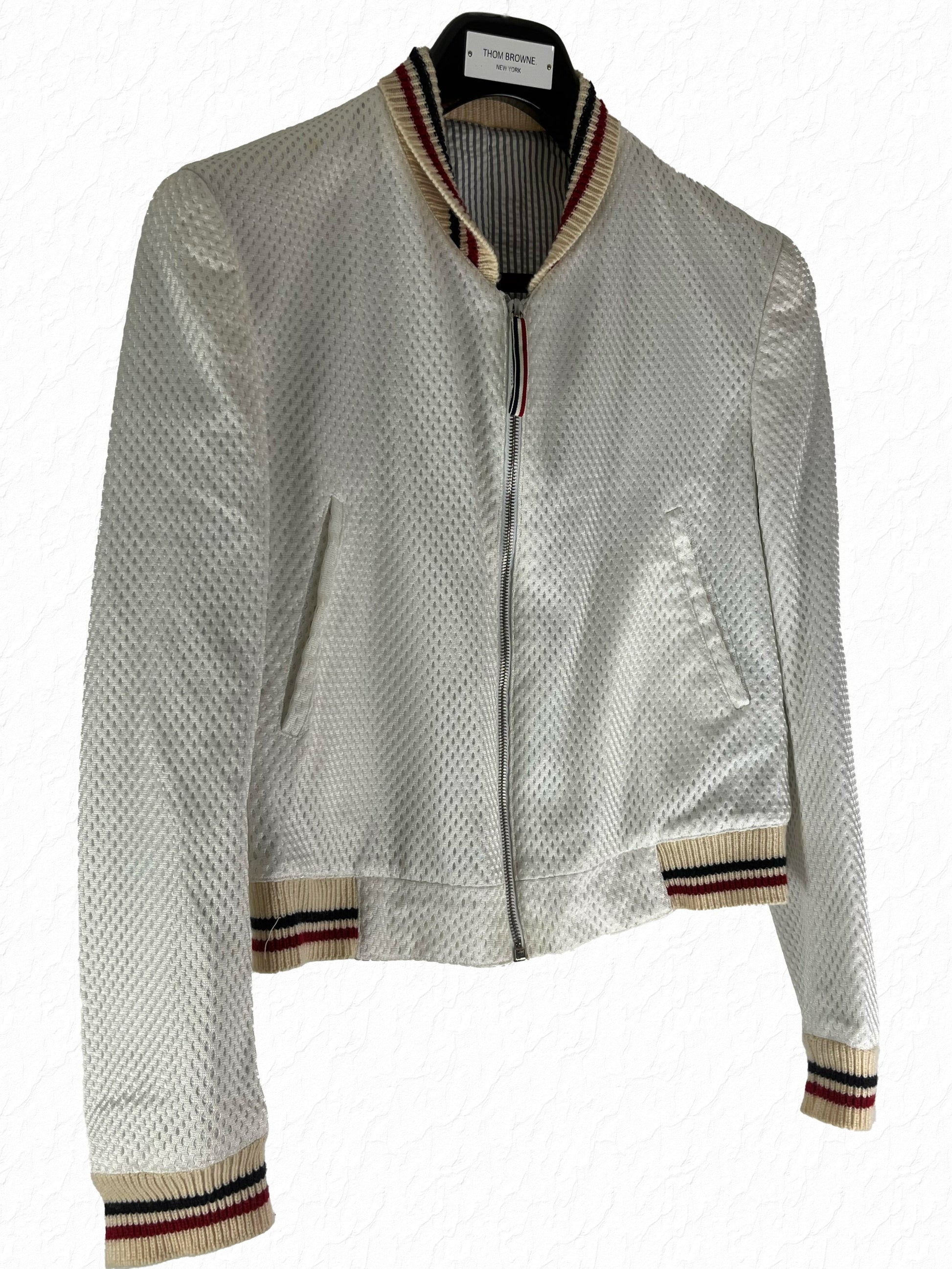 Thom Browne white mesh varsity bomber jacket with RWB grosgrain trim