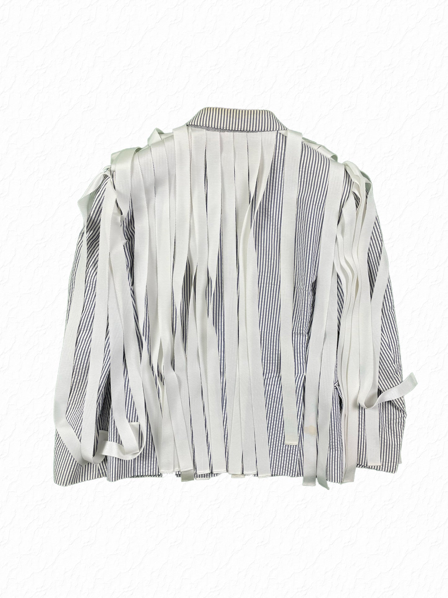 Blue and white striped seersucker Thom Browne blazer with silver four-hole buttons