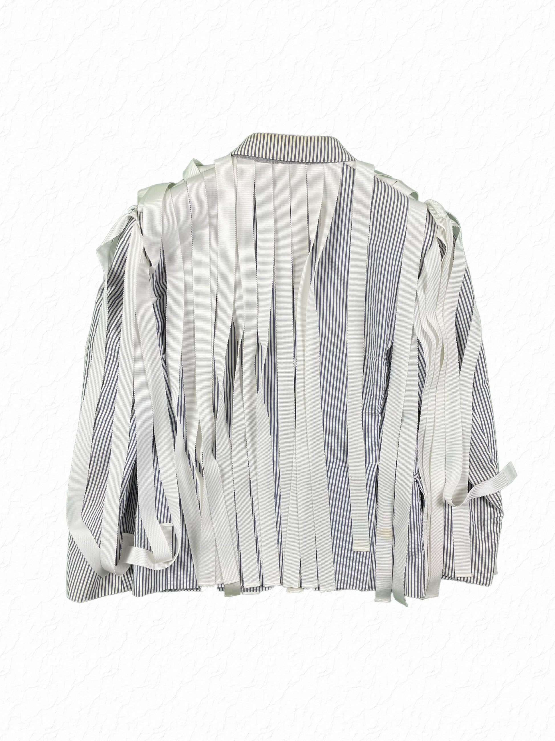 Blue and white striped seersucker Thom Browne blazer with silver four-hole buttons
