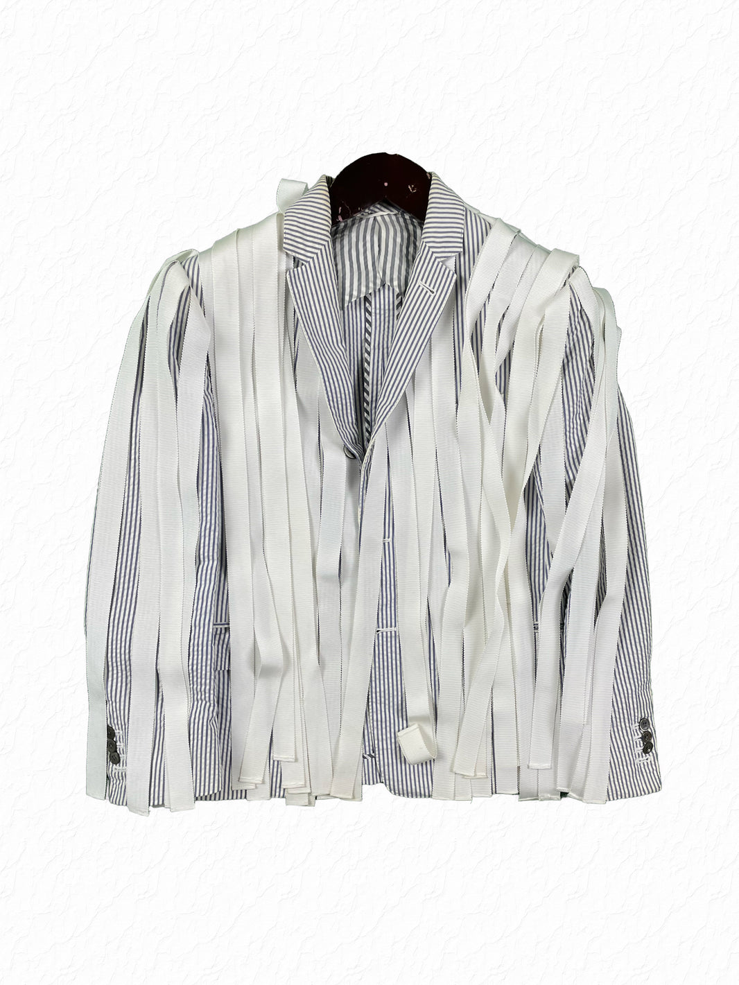 Thom Browne seersucker blazer with white grosgrain lava lava fringe overlay