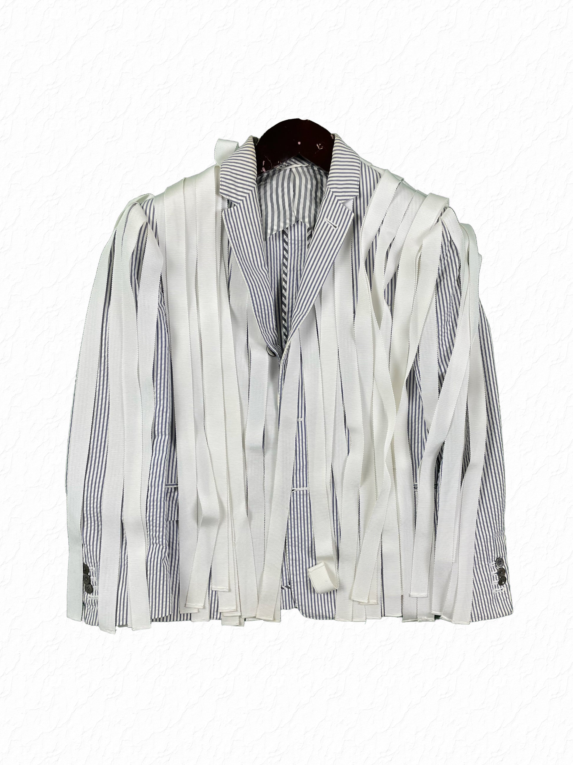 Thom Browne seersucker blazer with white grosgrain lava lava fringe overlay
