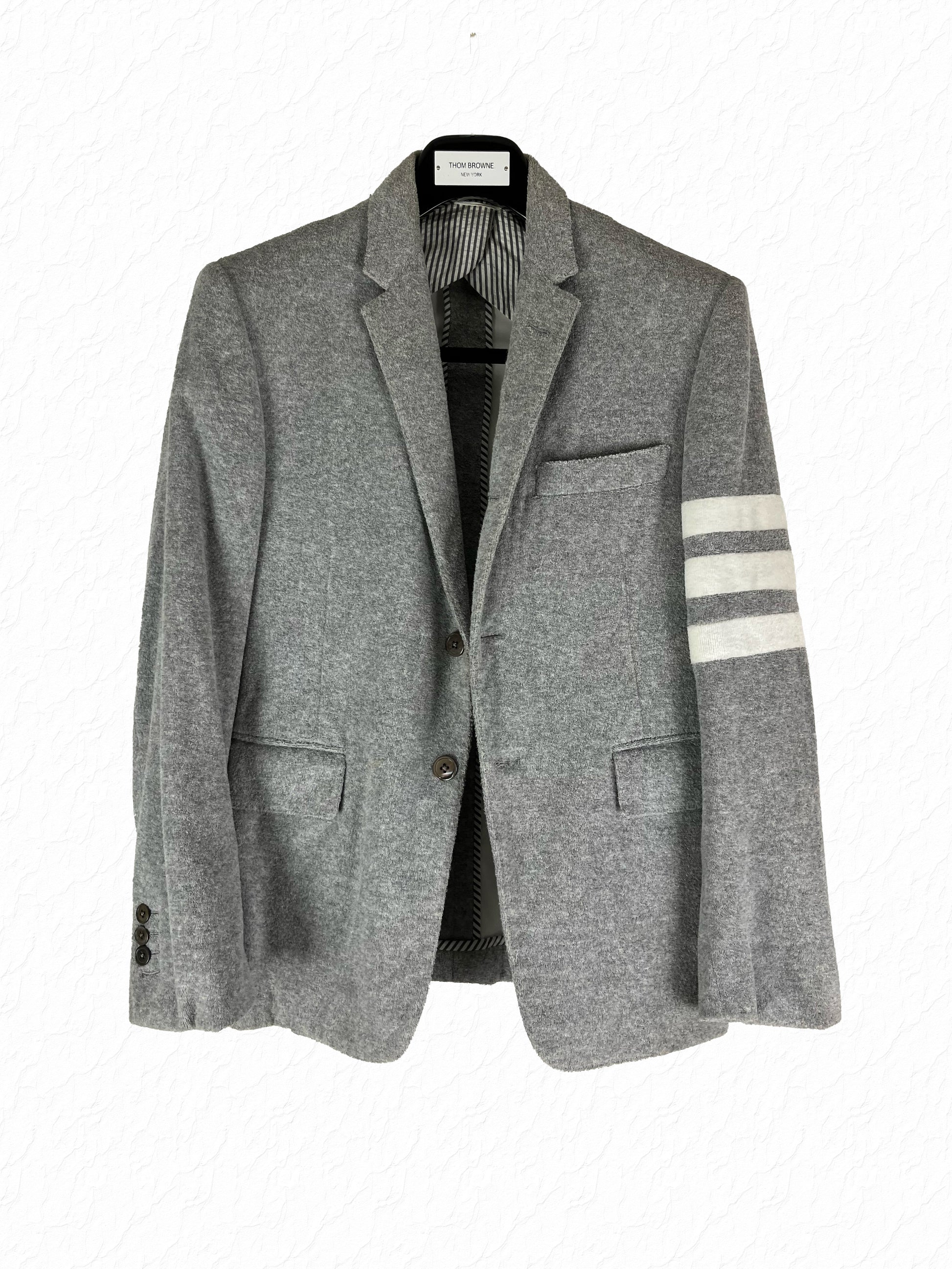 Thom Browne grey terrycloth cotton blazer with signature 3-bar stripe sleeve