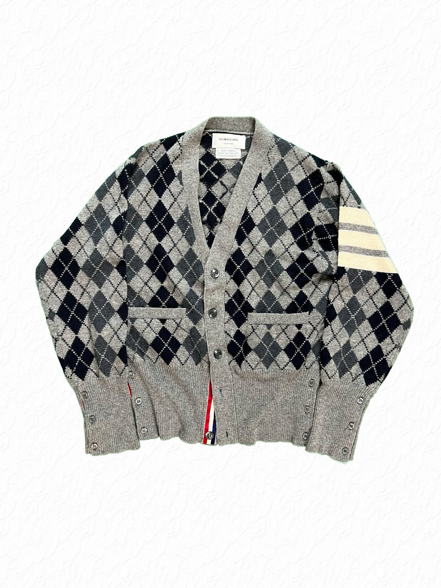 Thom Browne grey and navy argyle cashmere cardigan with 4-Bar stripe sleeve